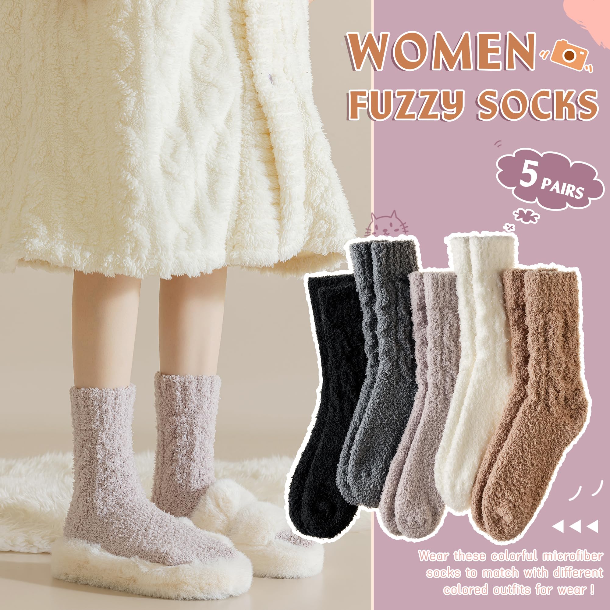 WEVIAS Womens Fuzzy Socks Slipper Fluffy Comfy Cozy Winter Soft Warm Fleece Valentines Day Cabin Plush Sleep Socks (Black/White/Grey/Khaki/Pink)