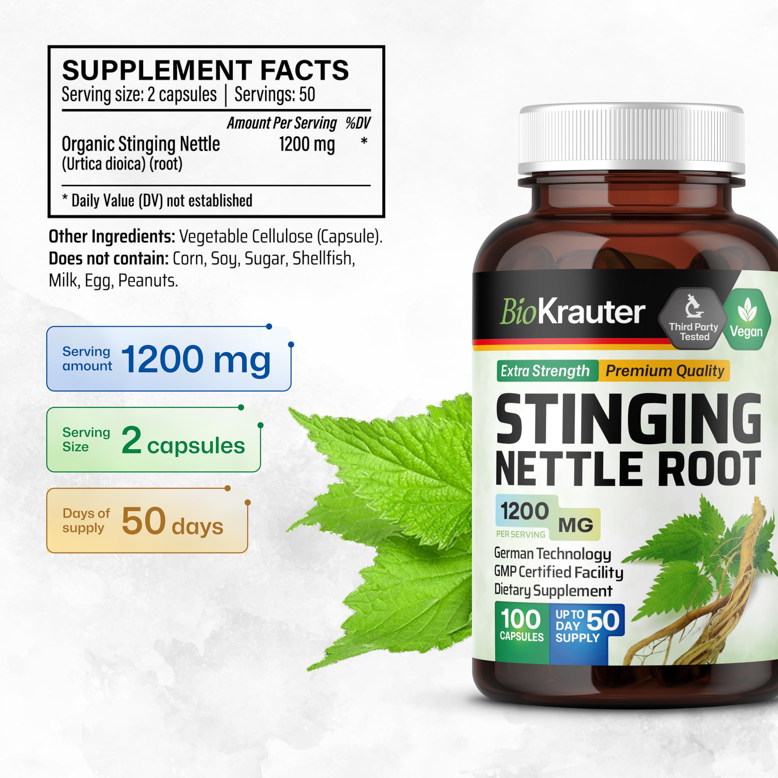 Stinging Nettle Capsules - Natural Urinary Tract & Overall Health Support - Organic Nettle Root Powder (Urtica Dioica) 1200 mg - 100 Vegan Pills - Non GMO