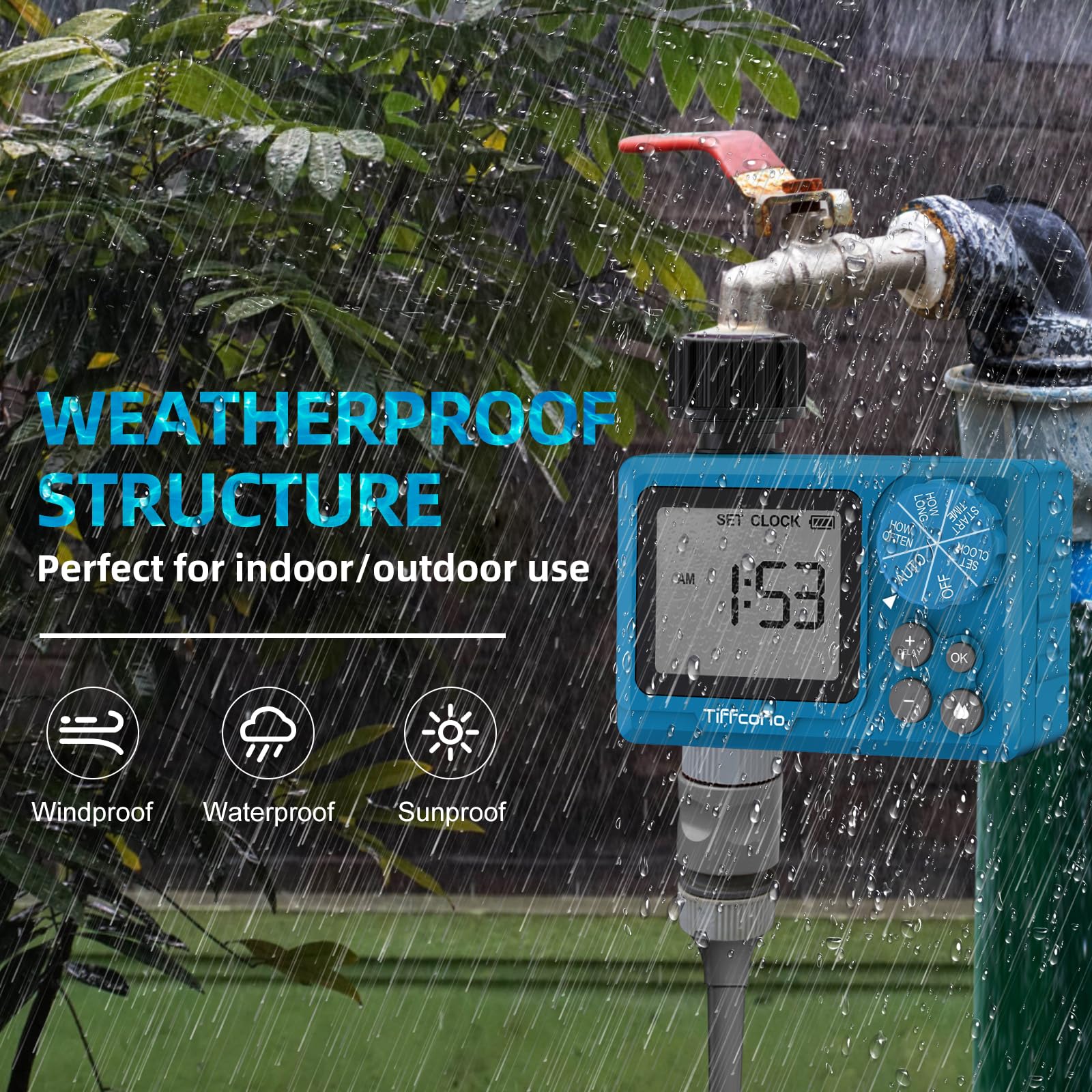 Tiffcofio Sprinkler Timer Outdoor, Digital Pogrammable Water Timer for Garden Hose, Irrigrtion Timer with Rain Delay and Manual Mode