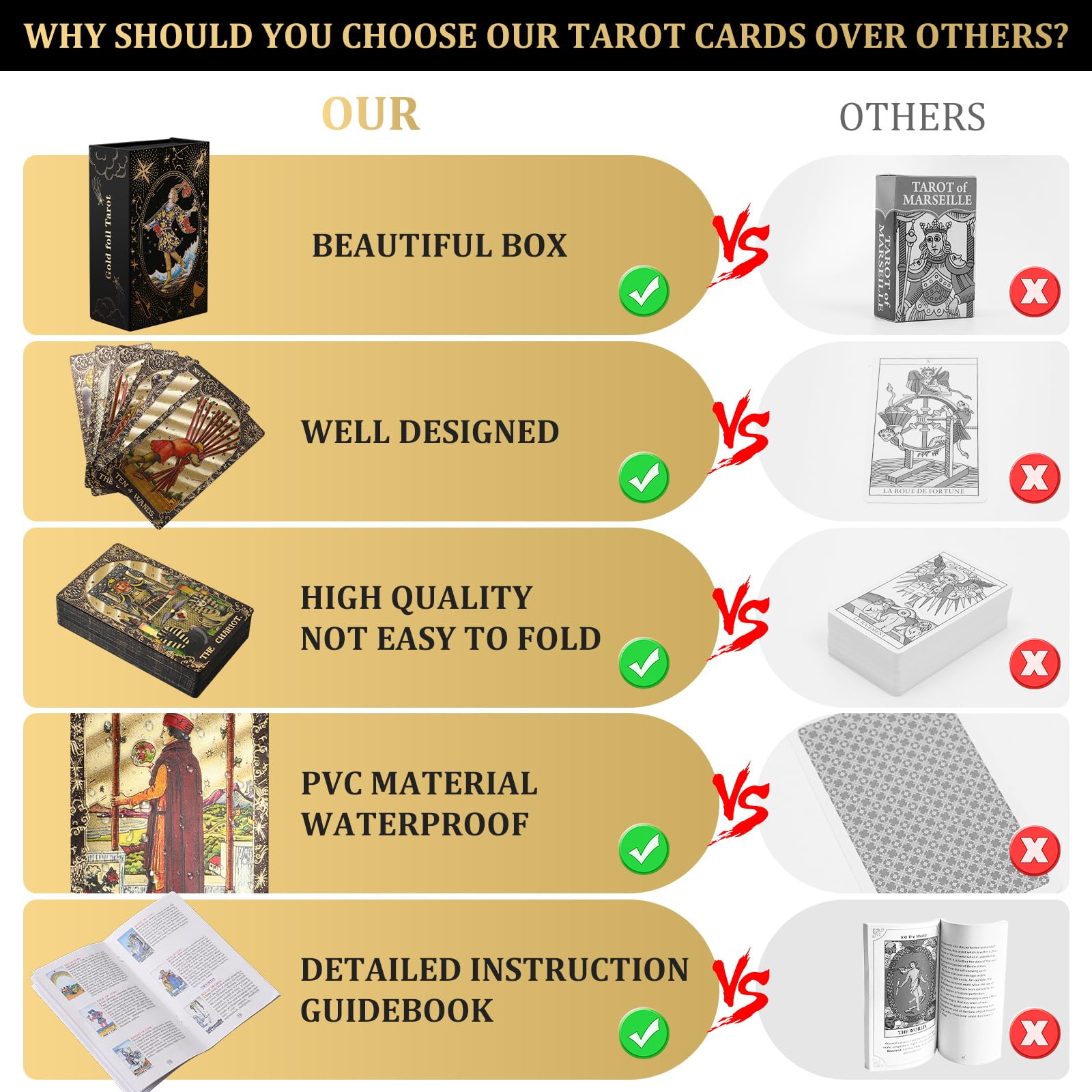 KIINO 78 Black Gold Tarot Cards with Guide Book Tarot Deck PVC Thick Tarot Cards for Beginners Tarot Durable Waterproof Wrinkle Resistant