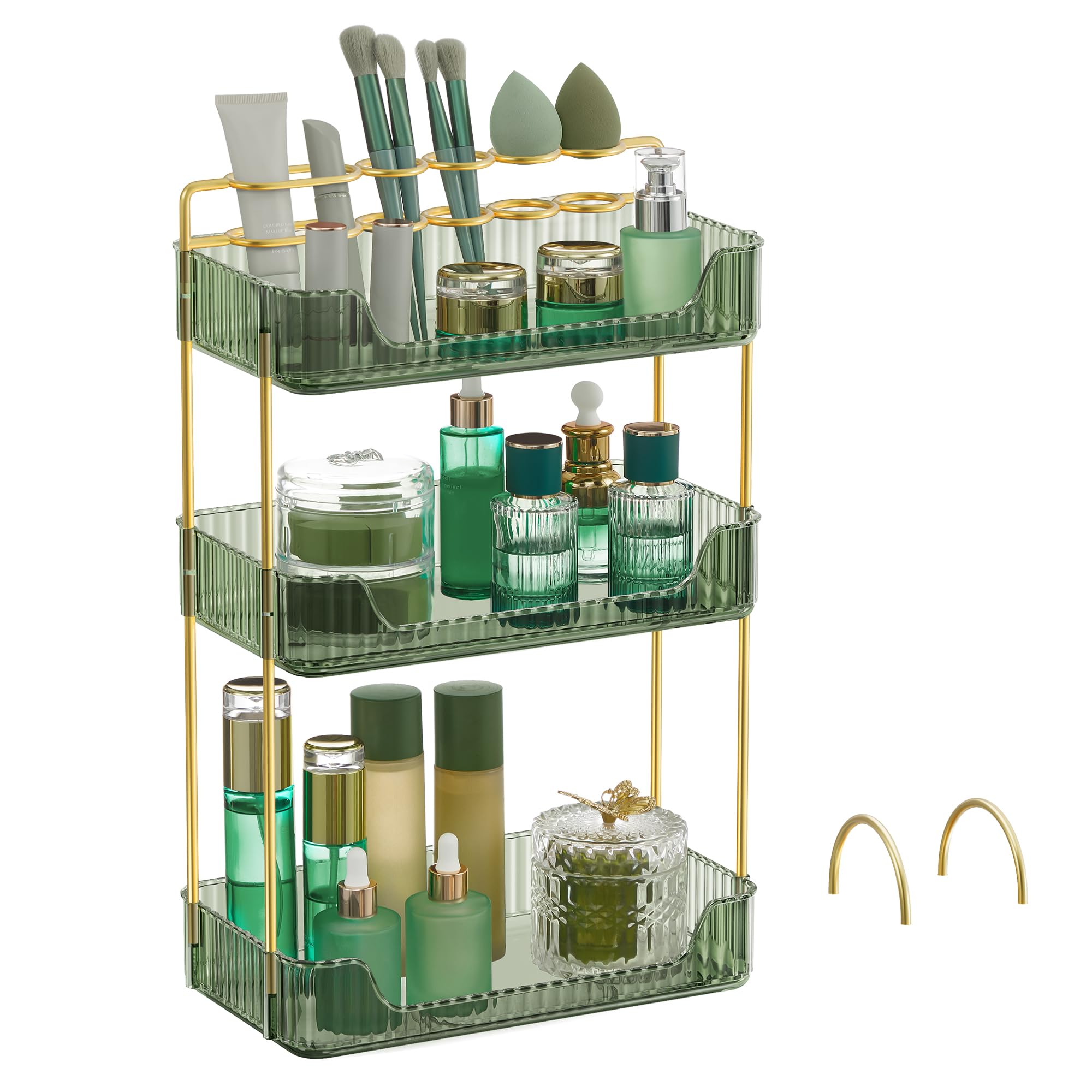 SONGMICS Makeup Organizer, 3-Tier Skincare Organizer Countertop, Customizable, 2 Types of Accessories, Jewelry Holder, for Vanity, Bedroom, Bathroom, Pale Green UJKA013C01