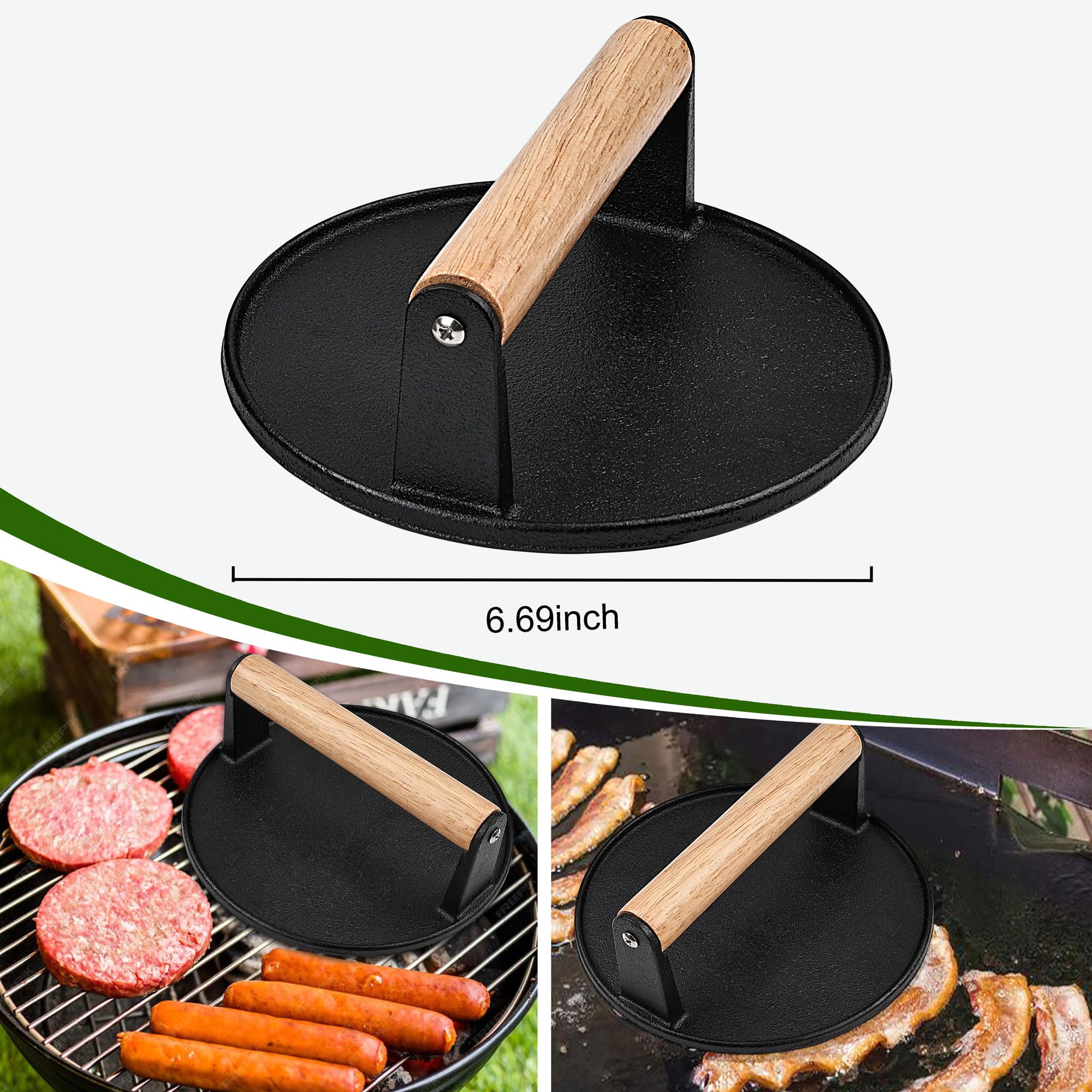 POLIGO Smash Burger Press Kit - 4 in 1 Hamburger Patty Storage Containers, 6.69" Cast Iron Smash Bacon Press - Non Stick Smash Burger Press Set for Grill and Griddle Cooking, Round
