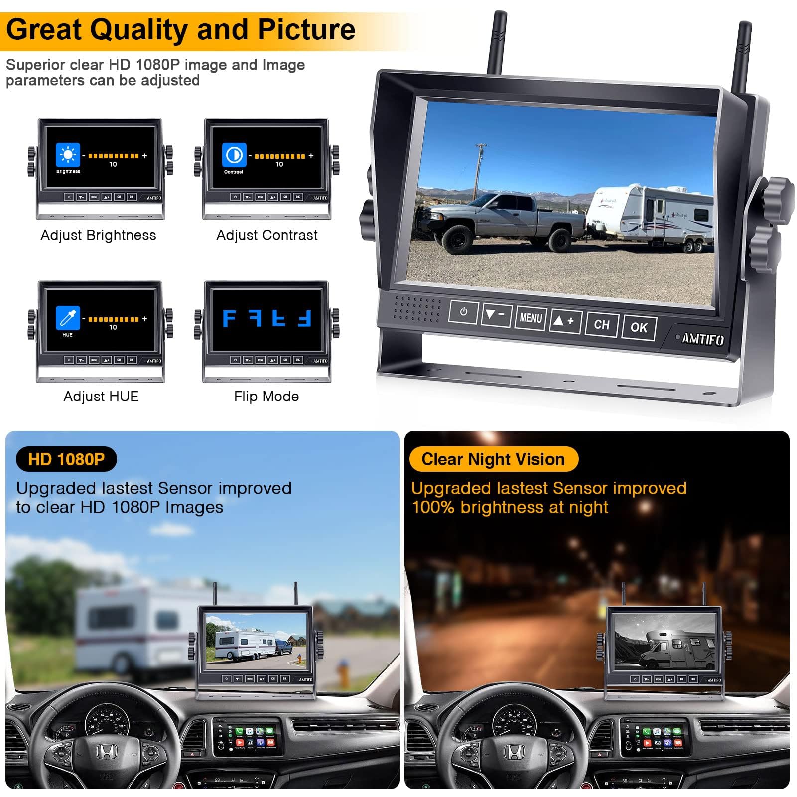 Wireless Backup Camera for Furrion RV: 7-Inch Recording Plug-Play Easy Setup Truck Trailer Back Rear View Camera Touch Button Monitor Split Screen 4 Channels AMTIFO A7