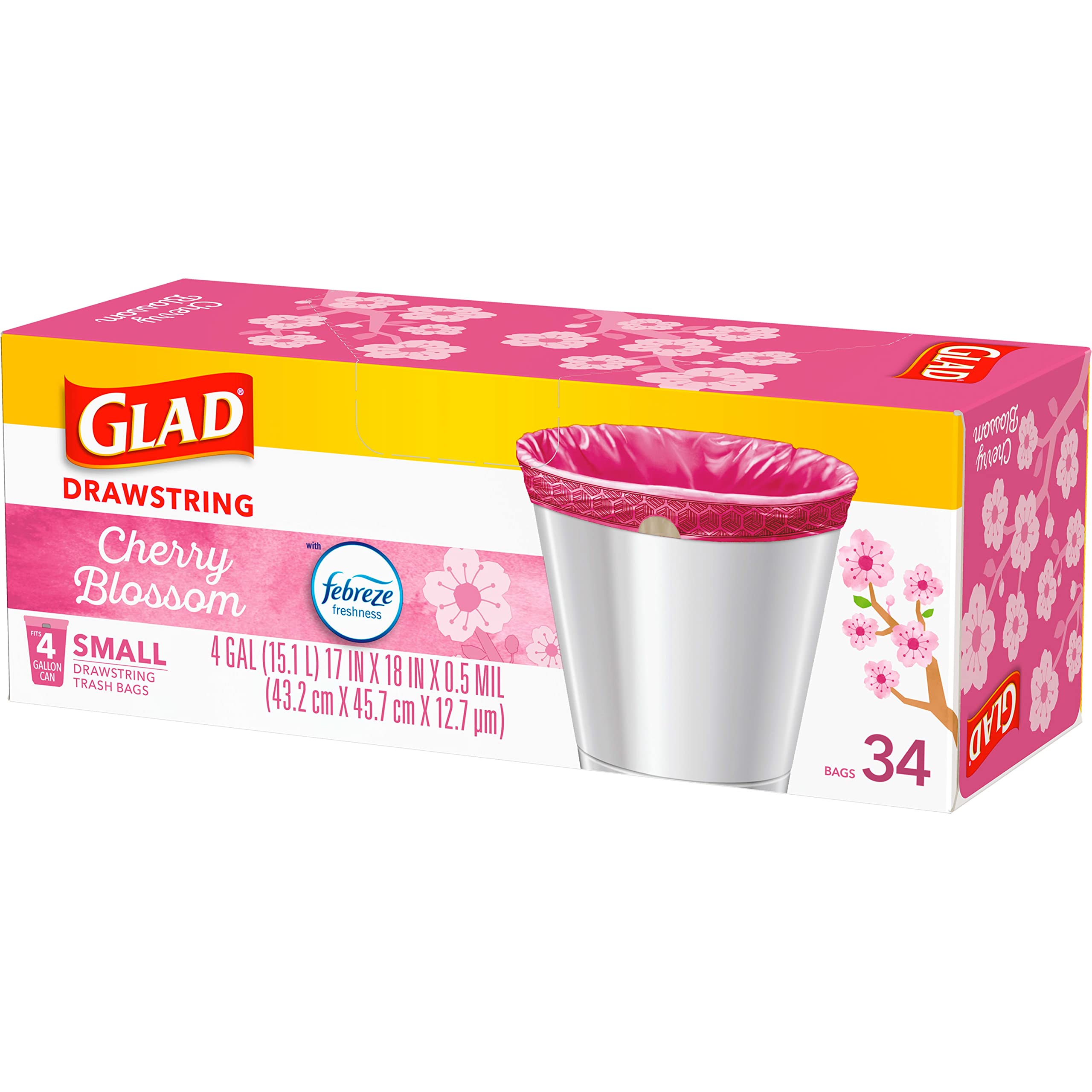 Glad Odorshield Small Drawstring Trash Bags, 4 Gal, Pink, Cherry Blossom, 34 Ct, Pack May Vary