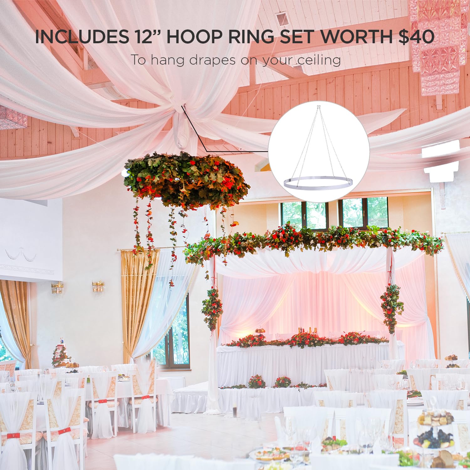 boldworks Ceiling Drapes Hanging Kit with Hoop and 6 Panels 5ftx10ft White Draping Fabric for Wedding Sheer Chiffon Ceiling Drapes for Weddings Arch Decorations Party Events Tent Drapery