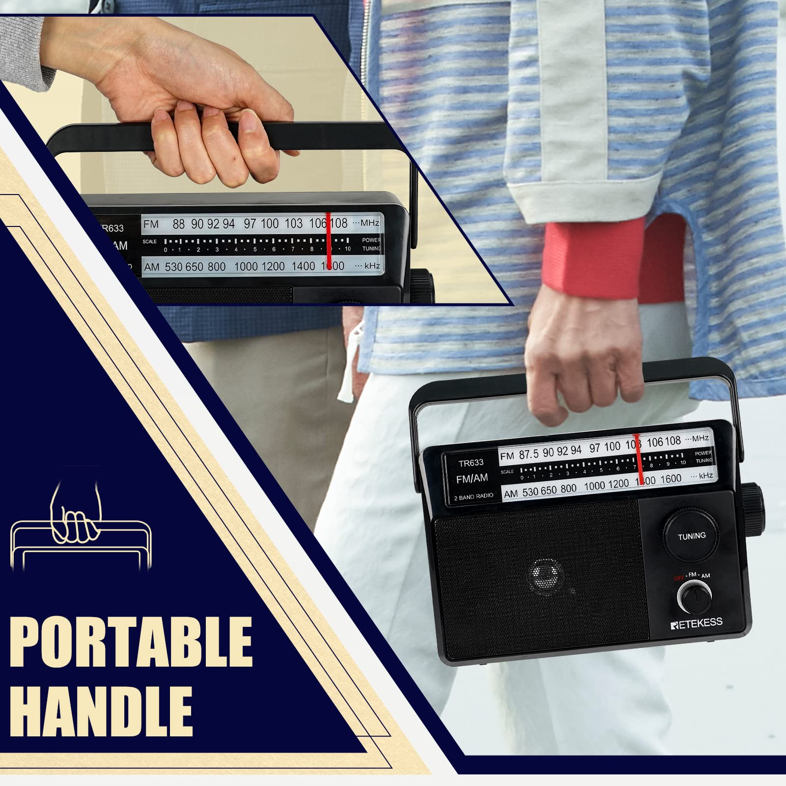 Retekess TR633 AM FM Radios with Best Reception, Portable Radio Plug in Wall, External Antenna Jack, Battery Operated Radio by 4 AA Batteries Or AC Power for Senior, Home