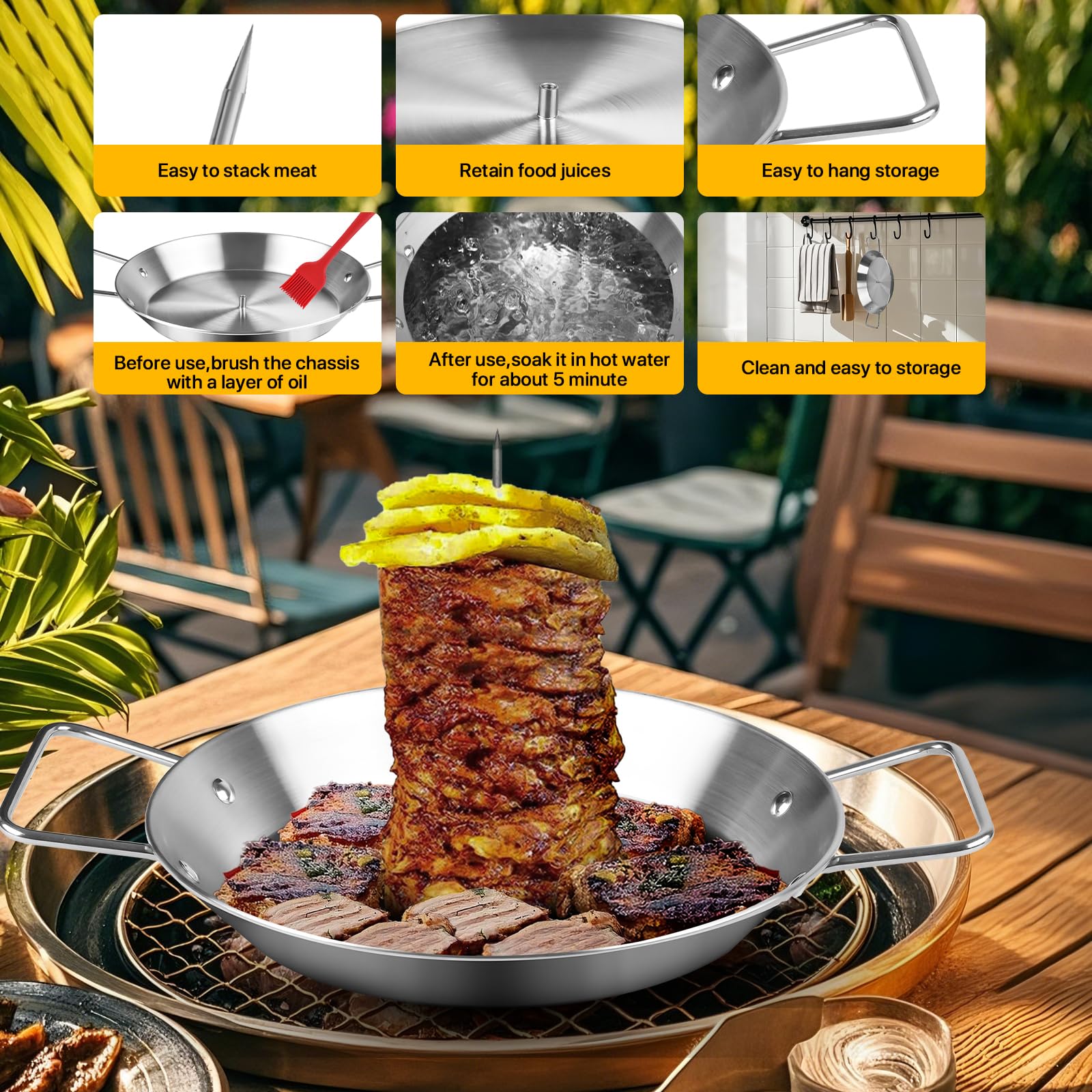 Vertical Skewer for Grill & Oven - Stainless Steel Al Pastor Skewer with Gyro Pan, 5 Adjustable Spikes (6"-14") - Shawarma Meat Stand for Tacos, Chicken Gyro, Doner Kebab - Fits Ovens, Smokers.