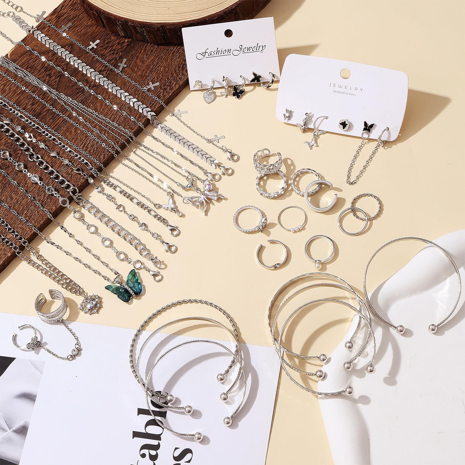 42 Pcs(10 Pack) Silver Plated Jewelry Set for Women With 3 Necklace 8 Bracelet 7 Bangle 12 Ring 12 Pcs Stud Earring Hoop Sparkle Butterfly Pack for Happy