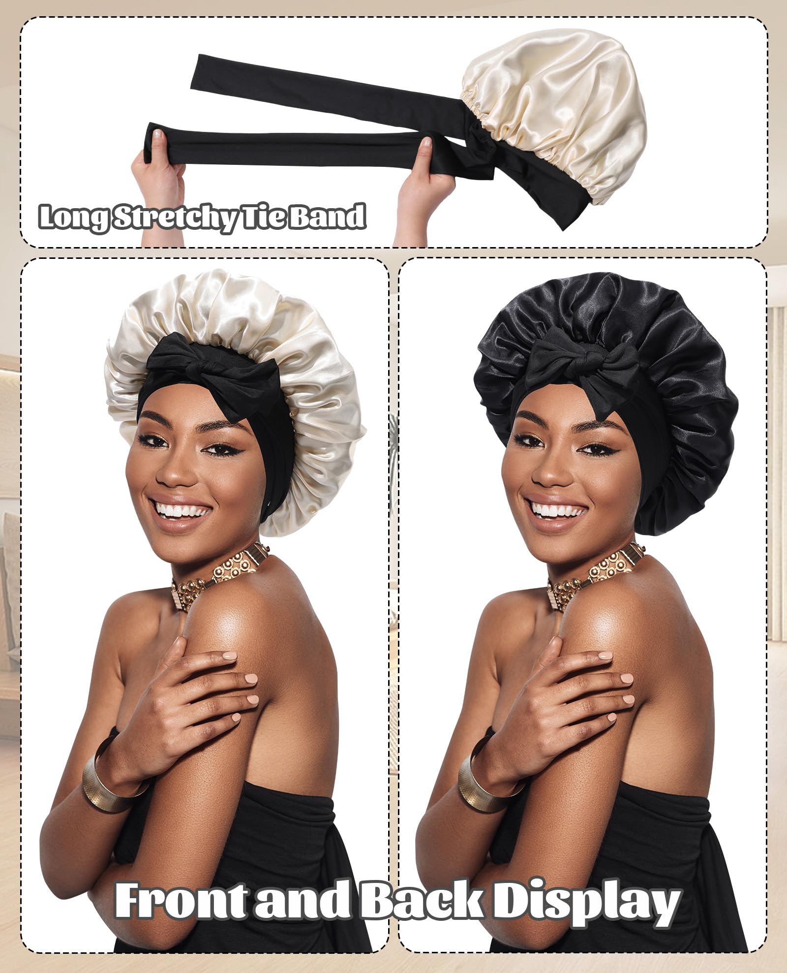 Satin Bonnet Silk Bonnet for Sleeping Silk Sleep Cap Double Layer Hair Bonnet with Elastic Tie Band for Curly Hair Night Cap (Black + Champagne)