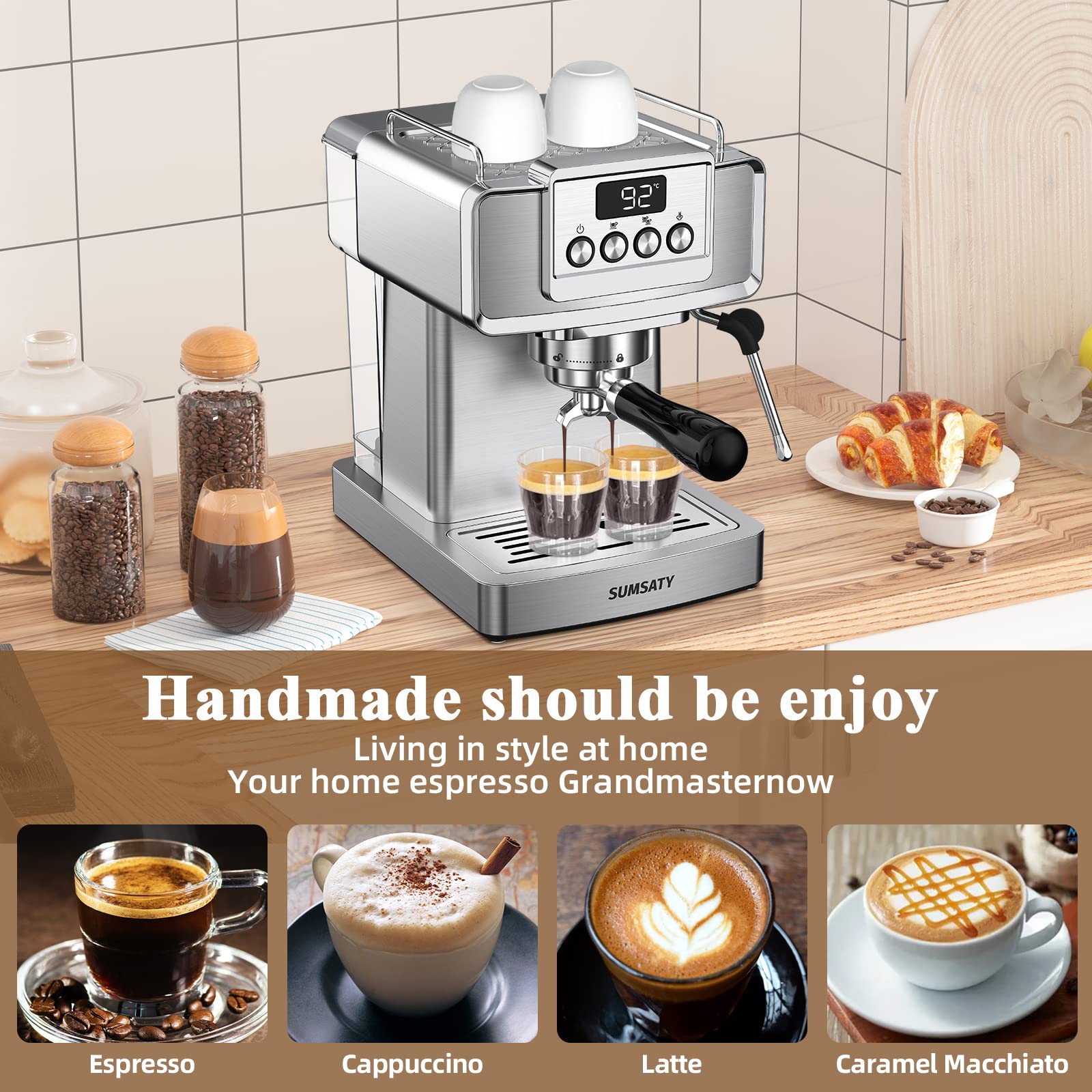 SUMSATY Espresso Machine, Stainless Steel Espresso Machine with Milk Frother for Latte, Cappuccino, Machiato,for Home Espresso Maker, 1.8L Water Tank, 20 Bar