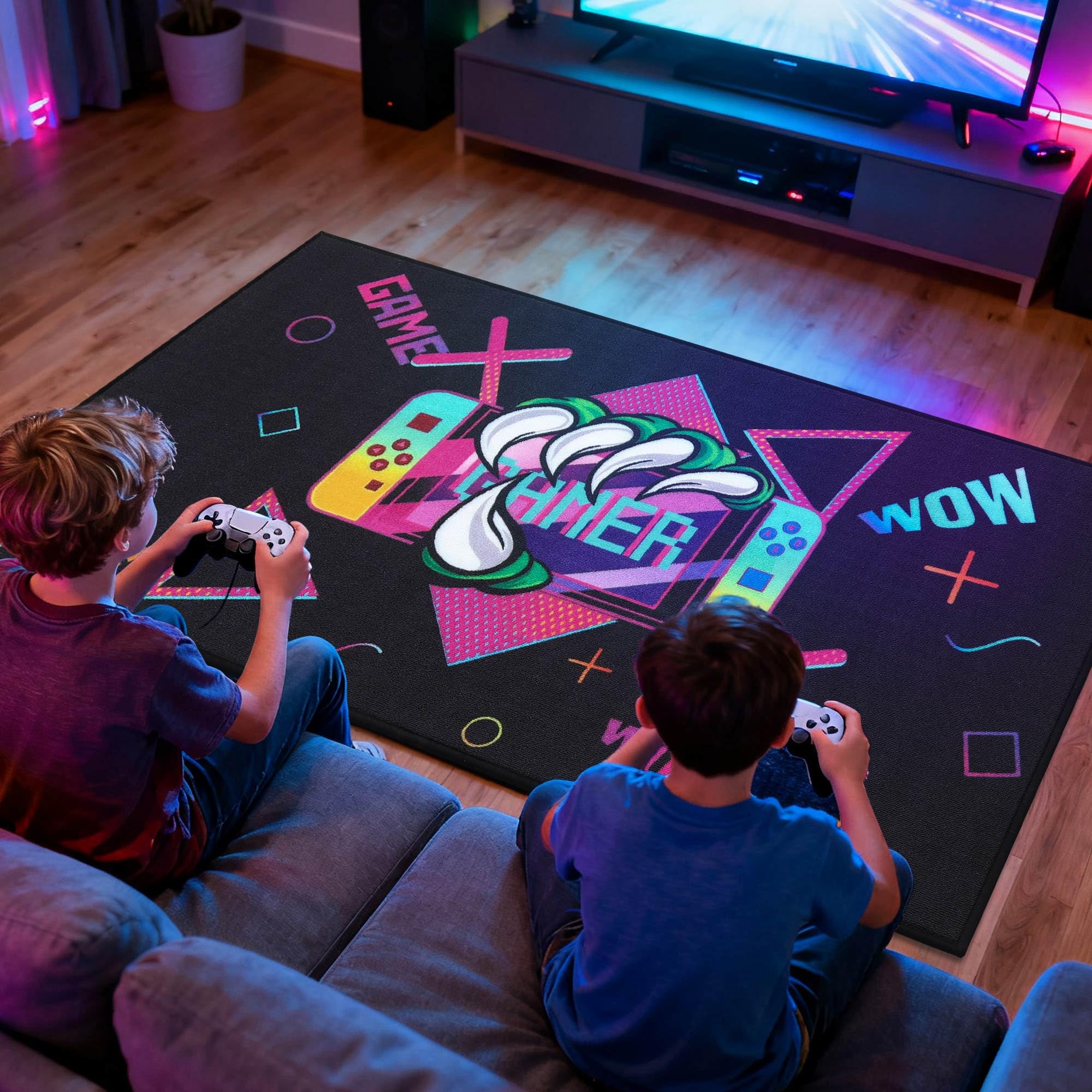 JSEI Gaming Rug for Kids Teens 32"x60" Machine Washable, Video Game Kids Rug with Paw and Controller Pattern, Non-Slip Gaming Floor Carpet Mat for Playroom, Living Room&Bedroom, Black