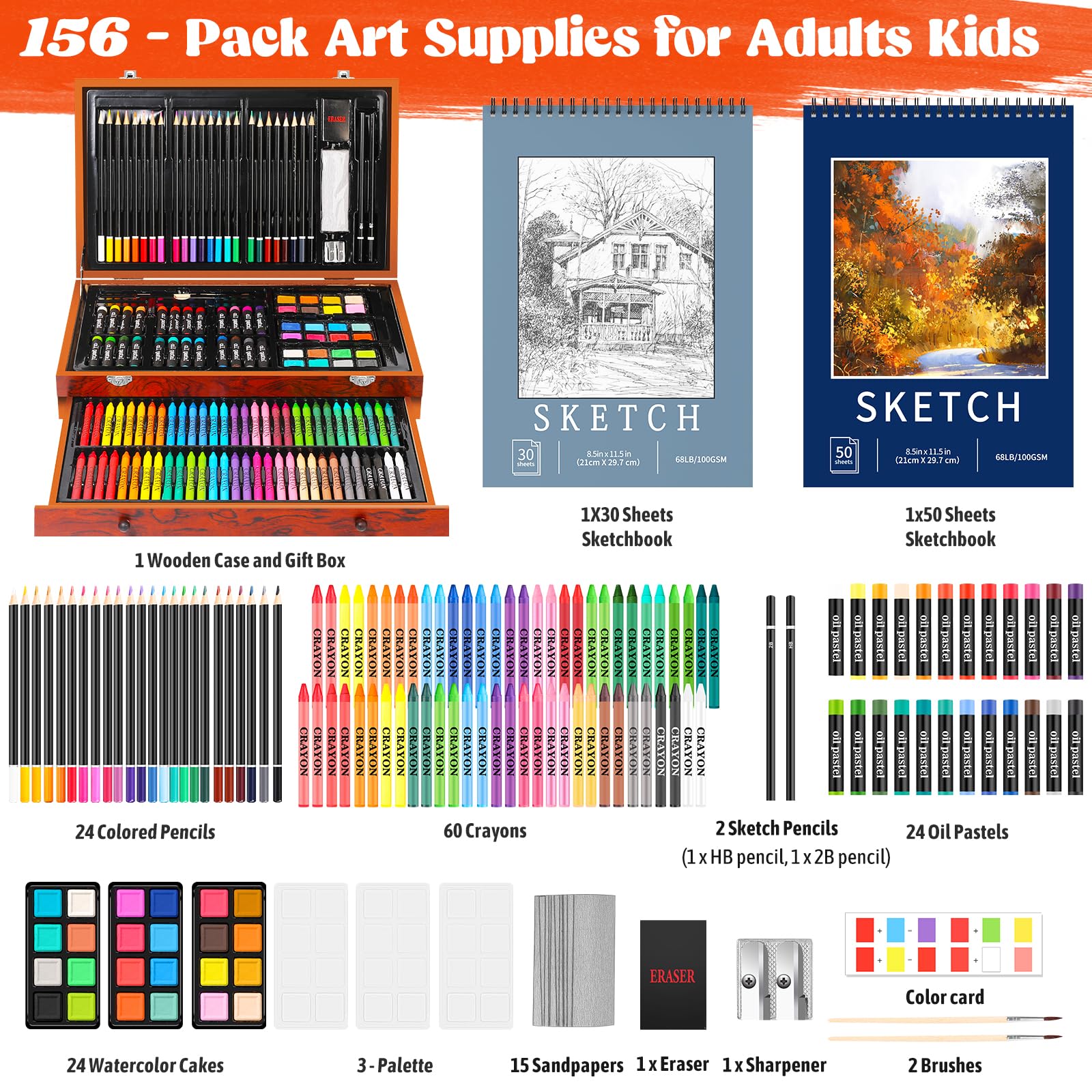 Hapikalor Art Supplies for Adults,156-Pack Art Kit Drawing Set with 2 Sketch Book, Crayons, Colored Pencils, Arts and Crafts, Christmas Gifts Art Supplies for Girls Boys Ages 6-8 9-12 13 14 Year Old