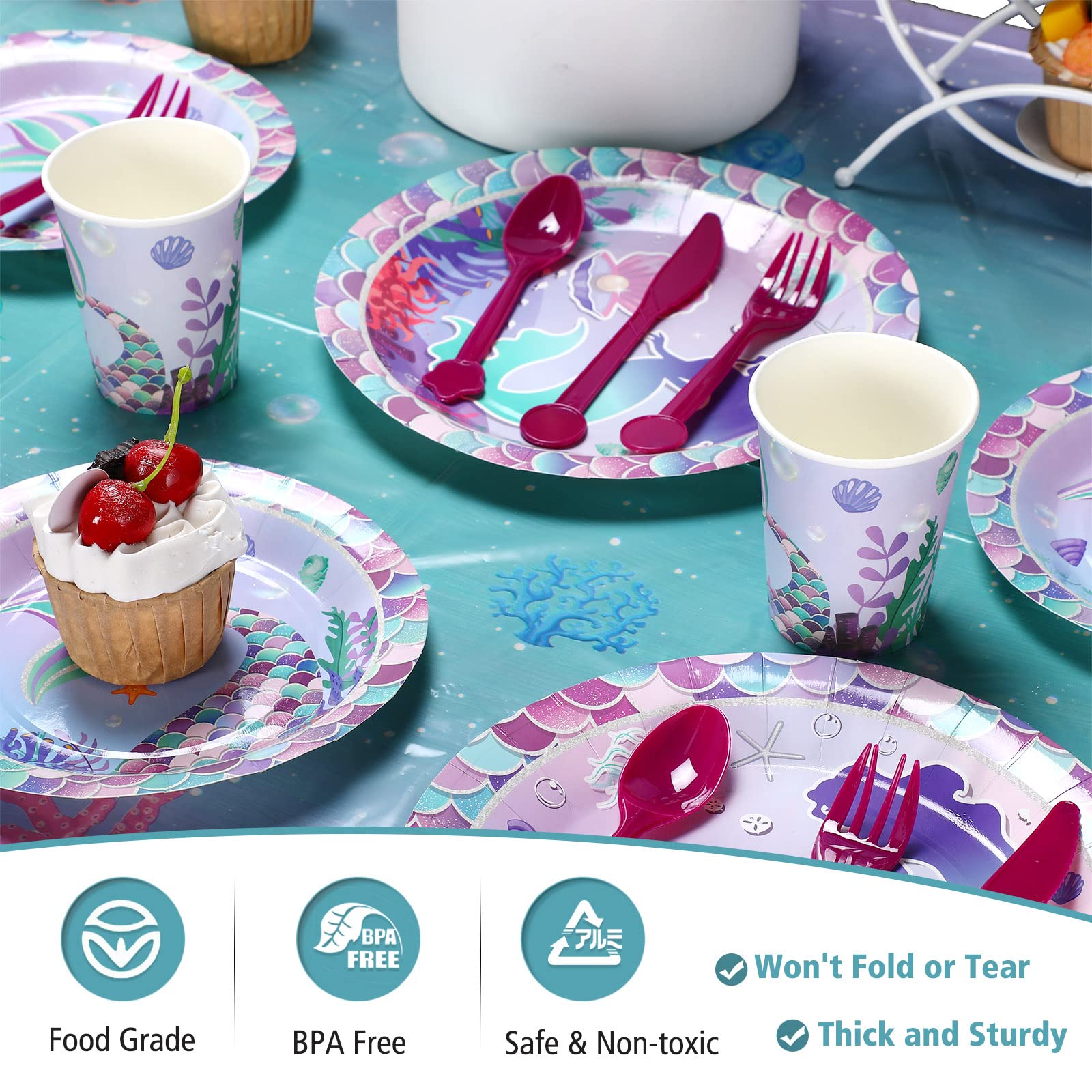 172 Pcs Mermaid Party Supplies Mermaid Birthday Set for Girls, Including Plate, Napkin, Cup, Knife Fork and Spoon, Tablecloth Set for Mermaid Under the Sea Baby Shower Party Decor, Serves 24 Guests