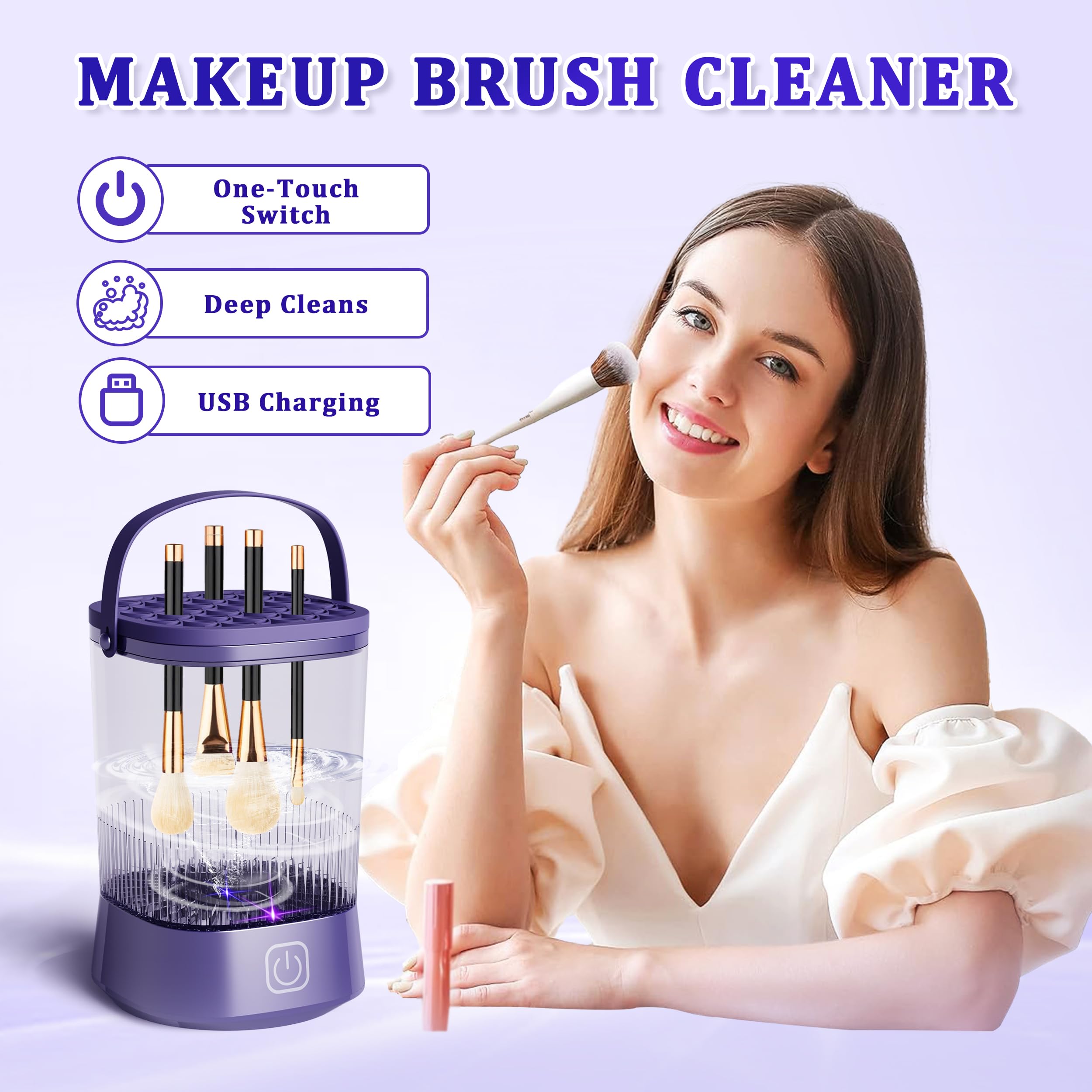 Makeup Brush Cleaner Machine - Electric Makeup Brush Cleaner Dryer Machine Automatic Cosmetic Brush Cleanser with 1200 mAh Battery, Quick Efficient Cleaning Make Up Cleanser for All Size (Purple)