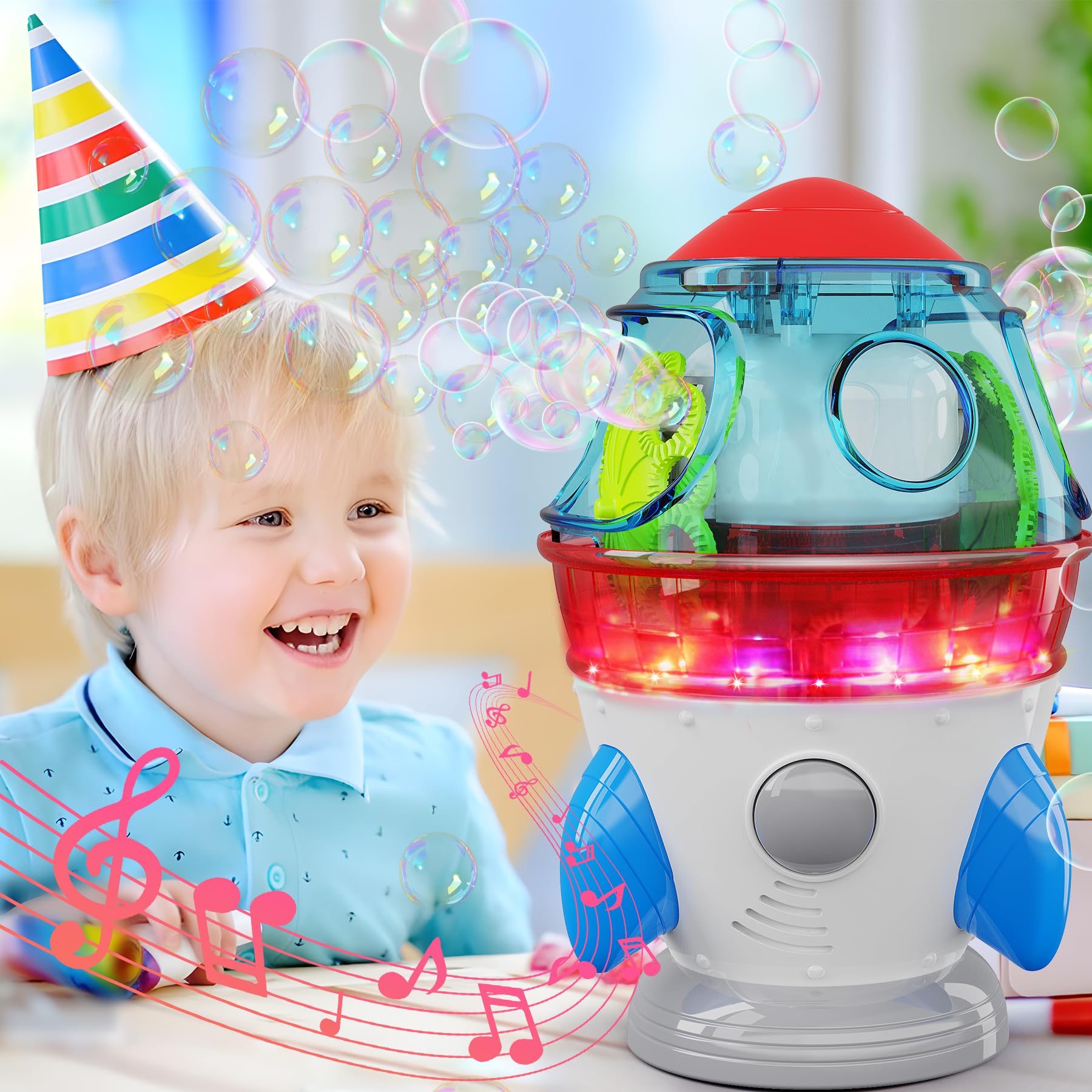Bubble Machine, Automatic 360° Rotatable Rocket Bubble Blower Machine with 2 Fans Lights Music for Kids Toddlers 1-3 Bubble Maker Machine for Indoor Outdoor Wedding Party Birthday Gifts