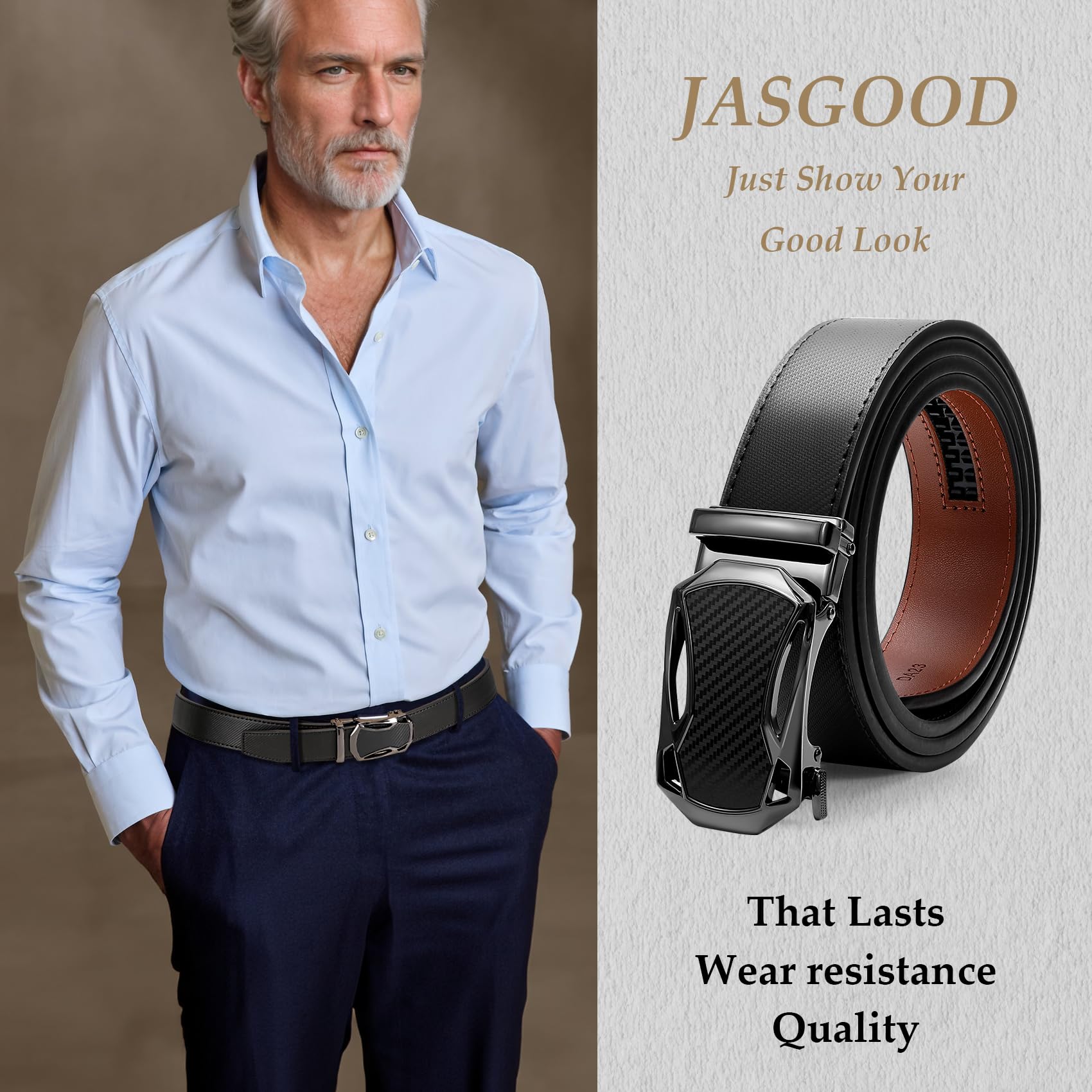 JASGOOD Mens Belt Ratchet Leather Belt for Men Dress Casual with Adjustable Buckle,Original Automatic Slide Belt for Comfort Trim to Fit