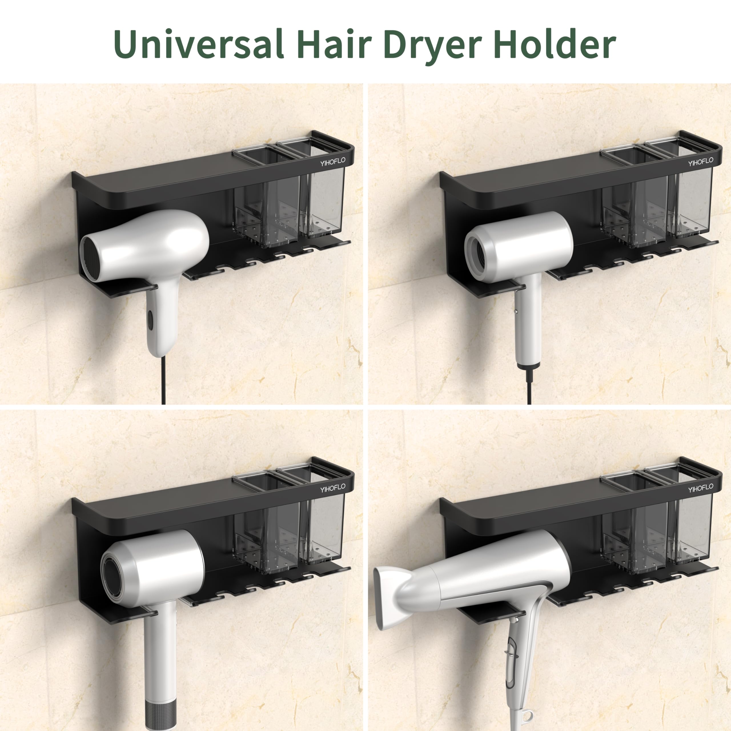 YIHOFLO Hair Dryer Holder Wall Mounted Adhesive/Drilling, Hair Dryer Storage Organizer with Shelf & Hooks for Bathroom, Blow Dryer Holder, Hair Tool Organizer (Black)