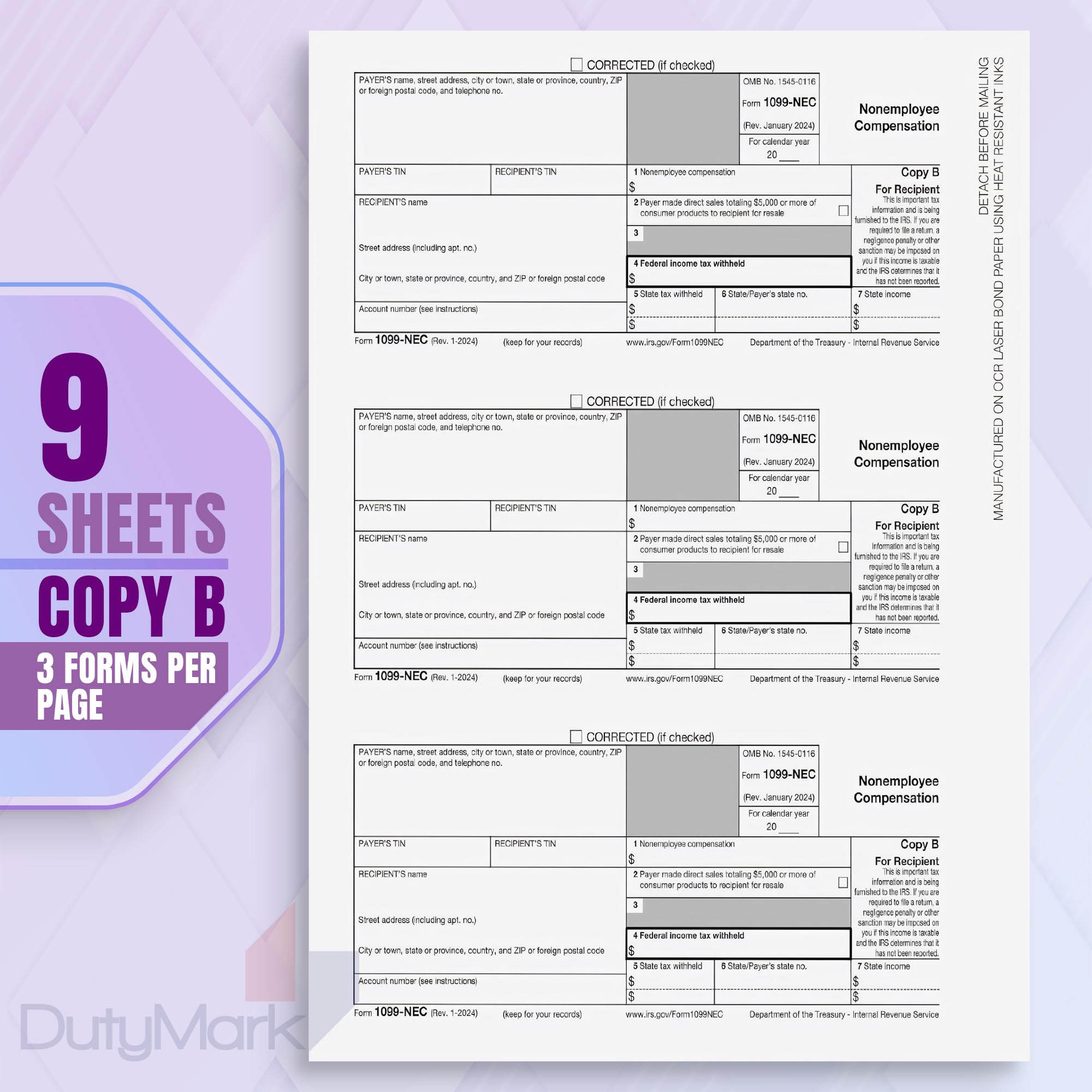 1099 1099 NEC Forms 2024, 4 Part 25 Vendor Kit of Laser Forms, Compatible with QuickBooks and Accounting, 25 Pack, Software and Envelopes NOT Included, Made in The USA