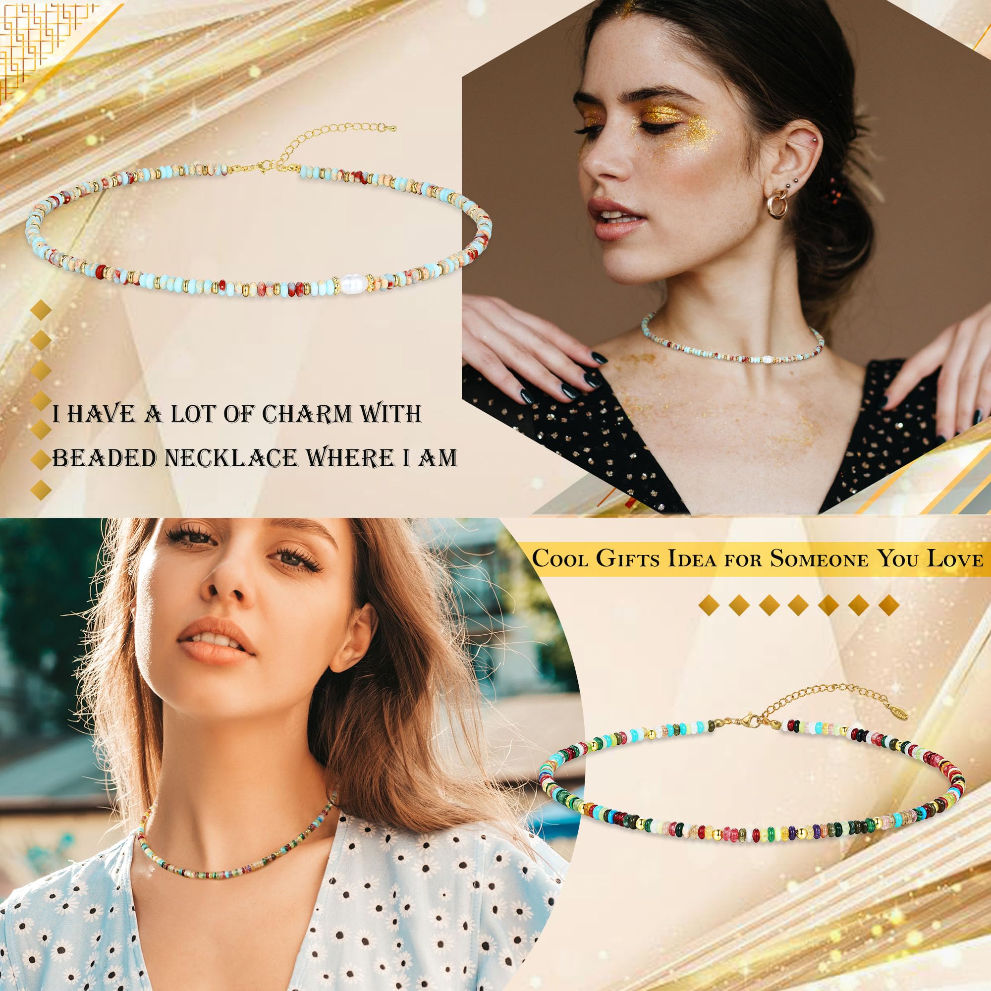 Choker Necklace for Women Beaded Necklaces Gifts for Teenage Summer Beach Multicolor Natural Stone Gemstone 14K Gold Plated Adjustable Stocking Stuffers for Teens