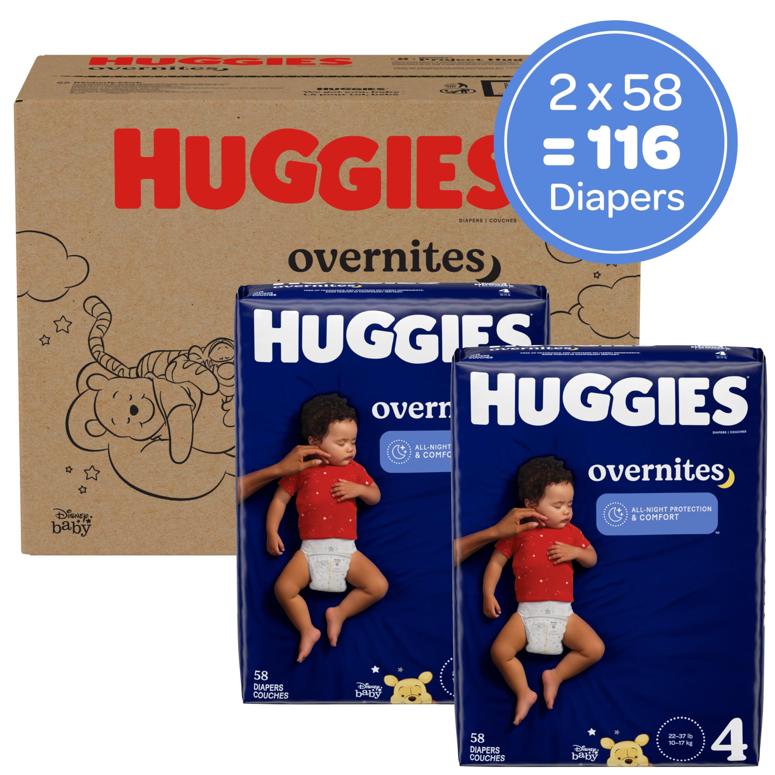 Huggies Size 4 Overnites Baby Diapers: Overnight Diapers, Size 4 (22-37 lbs), 116 Ct (2 Packs of 58)