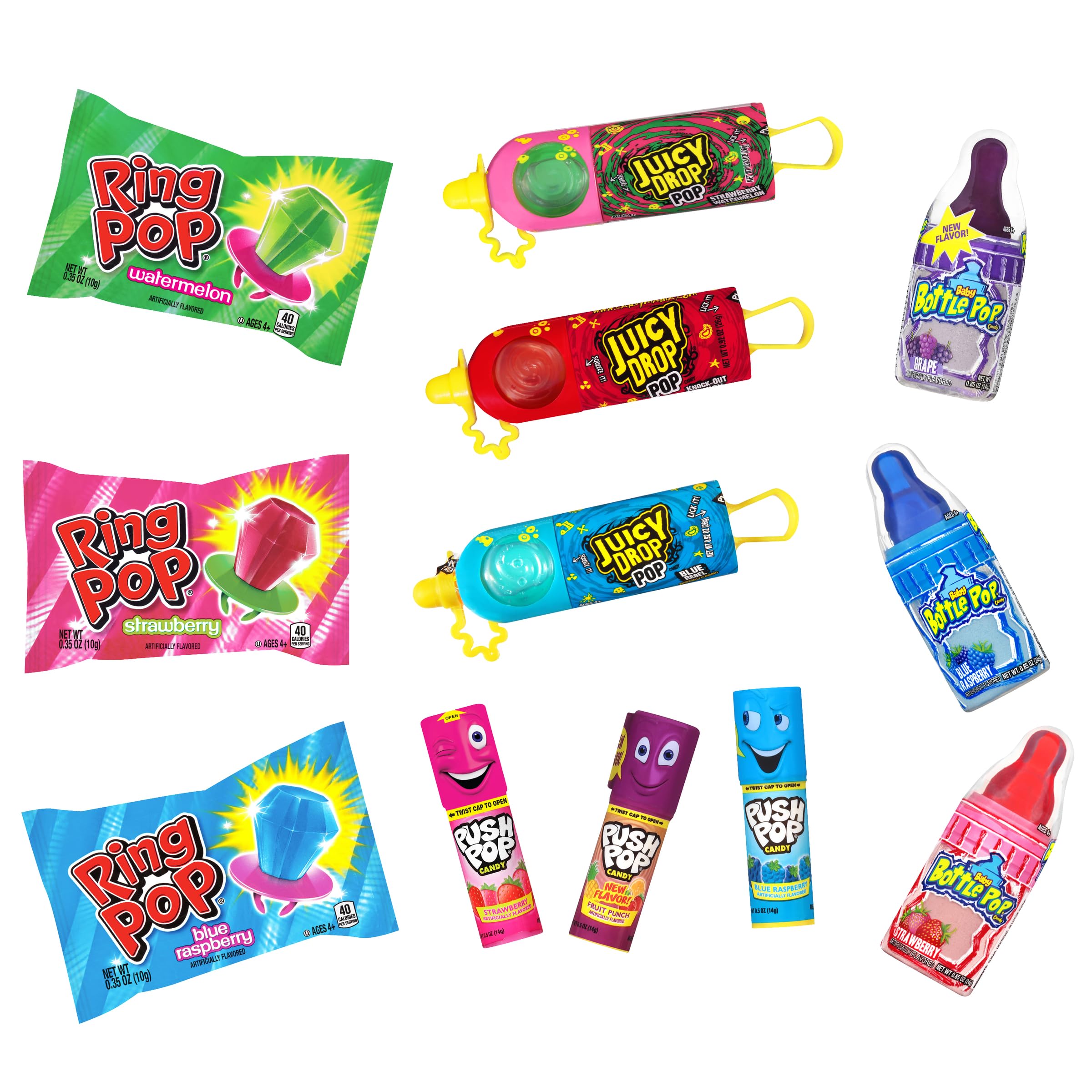 Candy Variety Pack - 18 Count Assorted Lollipops - Ring Pop, Push Pop, Baby Bottle Pop & Juicy Drop - Ideal for Birthdays, Party Favors, Celebrations & Candy Gifts by Bazooka Candy Brands