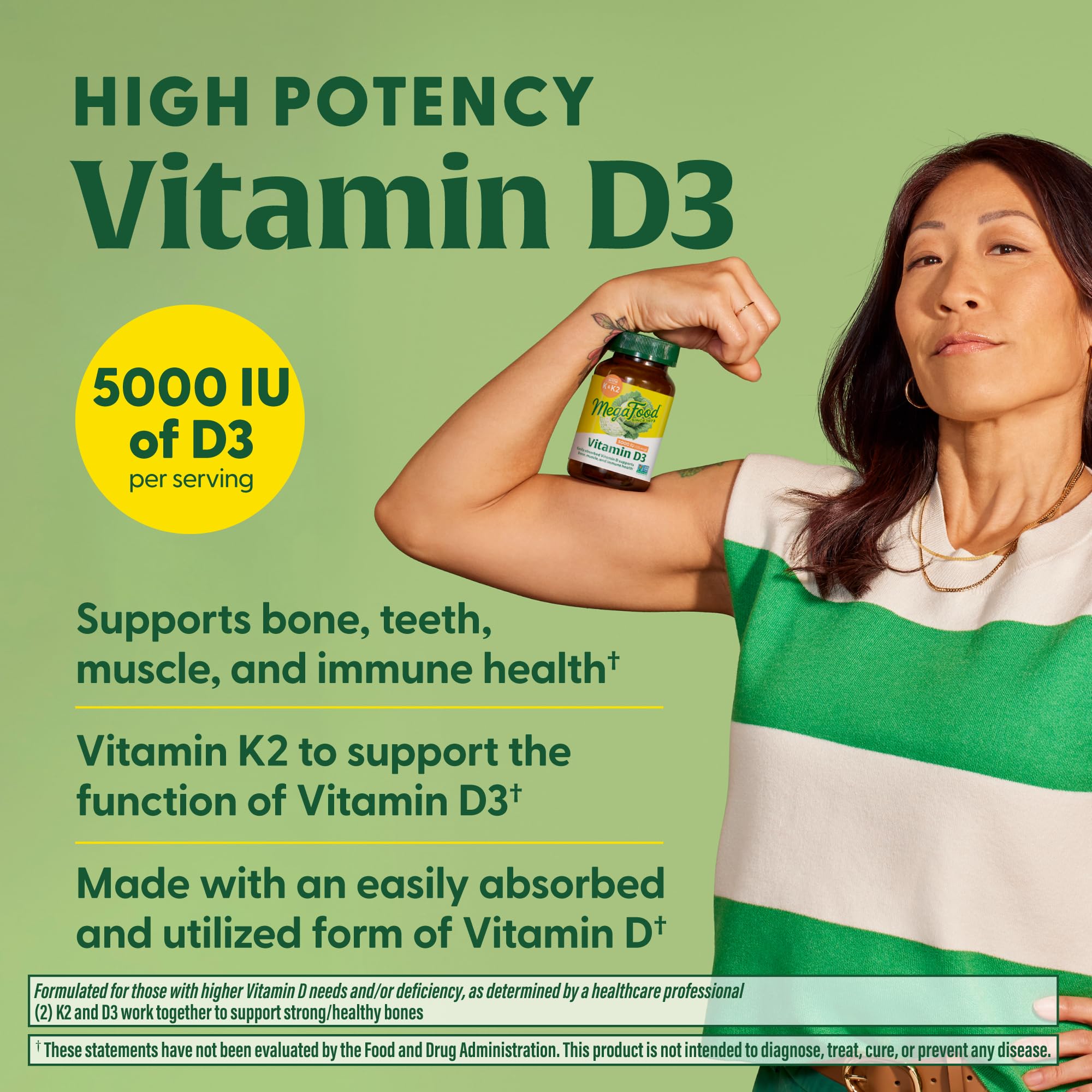 MegaFood Vitamin D3 5000 IU (125 mcg) - Vegetarian Vitamin D Supplements with Vitamin D3 K2, Supports Bones, Teeth, Muscles & Immune Health, Certified Non-GMO - 120 Mini Capsules, 120 Servings