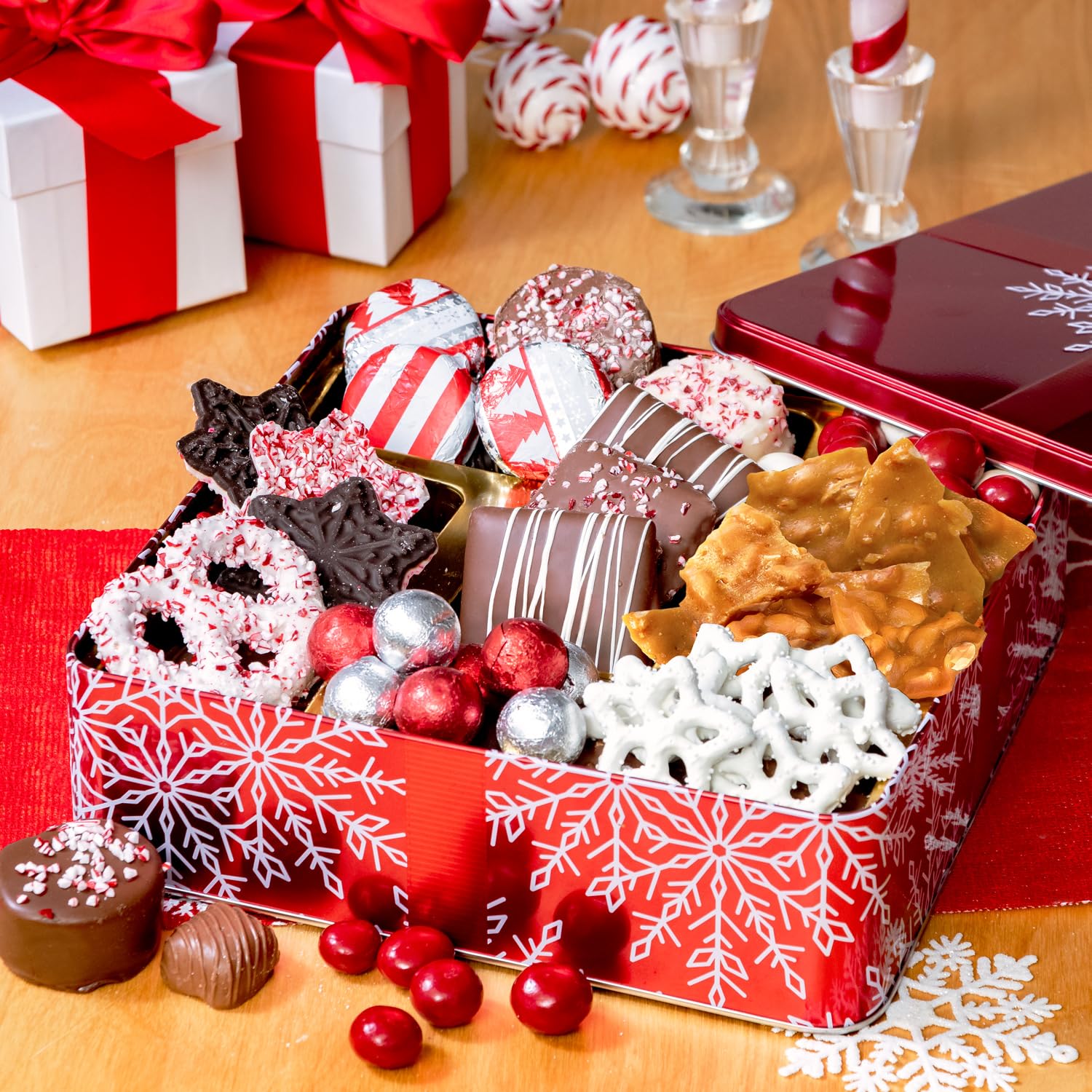 Bonnie and Pop's Holiday Tin- with Assorted Christmas Chocolate, Cookies, Pretzels – Festive, Corporate, Family, Gift Basket Idea for Men and Women (Extra Large)