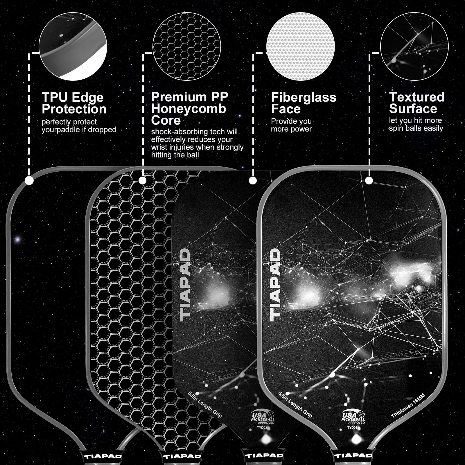 TIAPAD Pickleball Paddles Set of 2/4, USAPA Approved, Foam Molding 5.5" Long Handle, Lightweight, Fiberglass 16mm, Textured Surface, Elongated Pickle Ball Rackets 2 Pack for Beginner