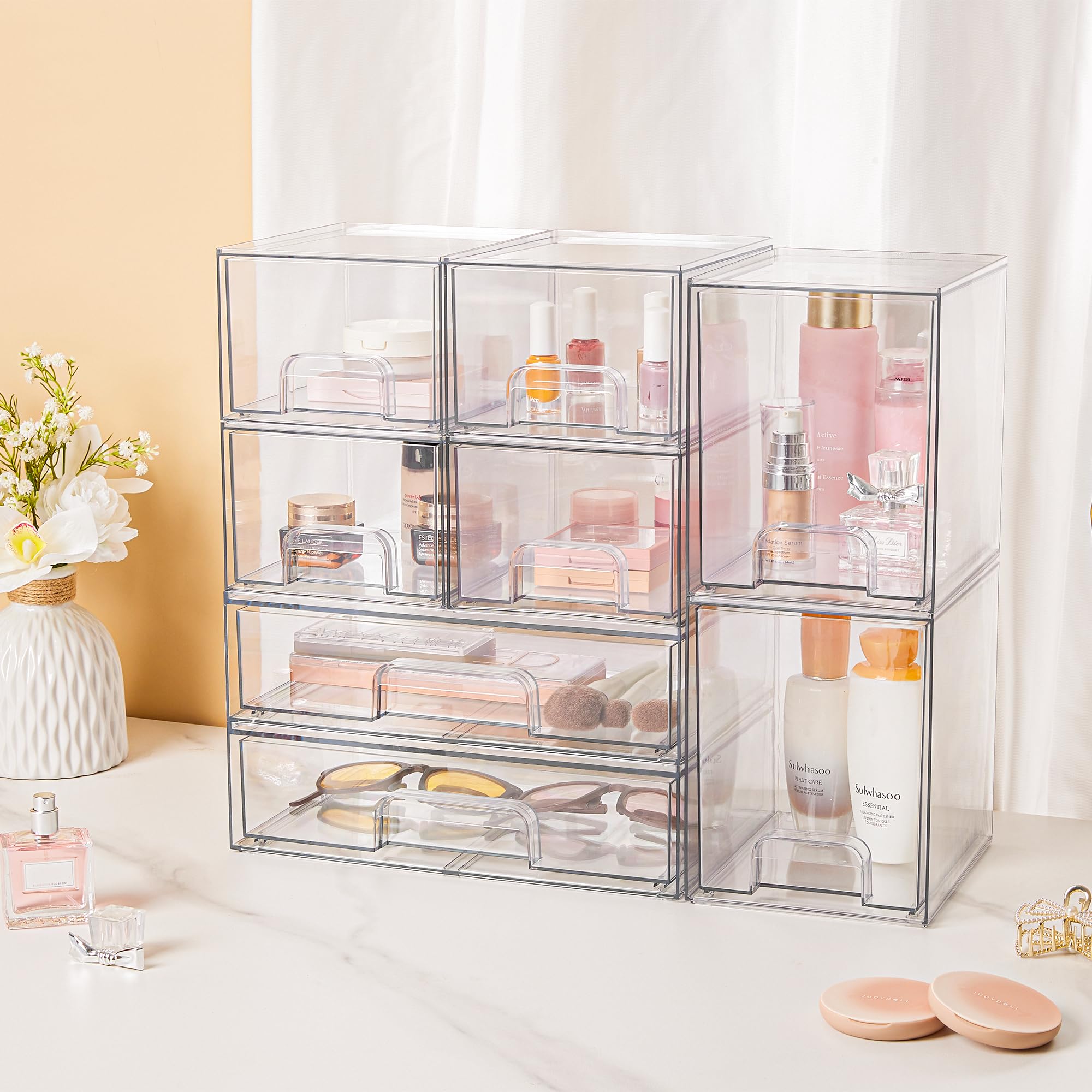 Vtopmart Stackable Storage Drawers Set of 3,Clear Plastic Organizer Bins for Makeup, Cosmetics, Beauty Supplies,Ideal for Vanity, Bathroom,Cabinet,Pantry Organization