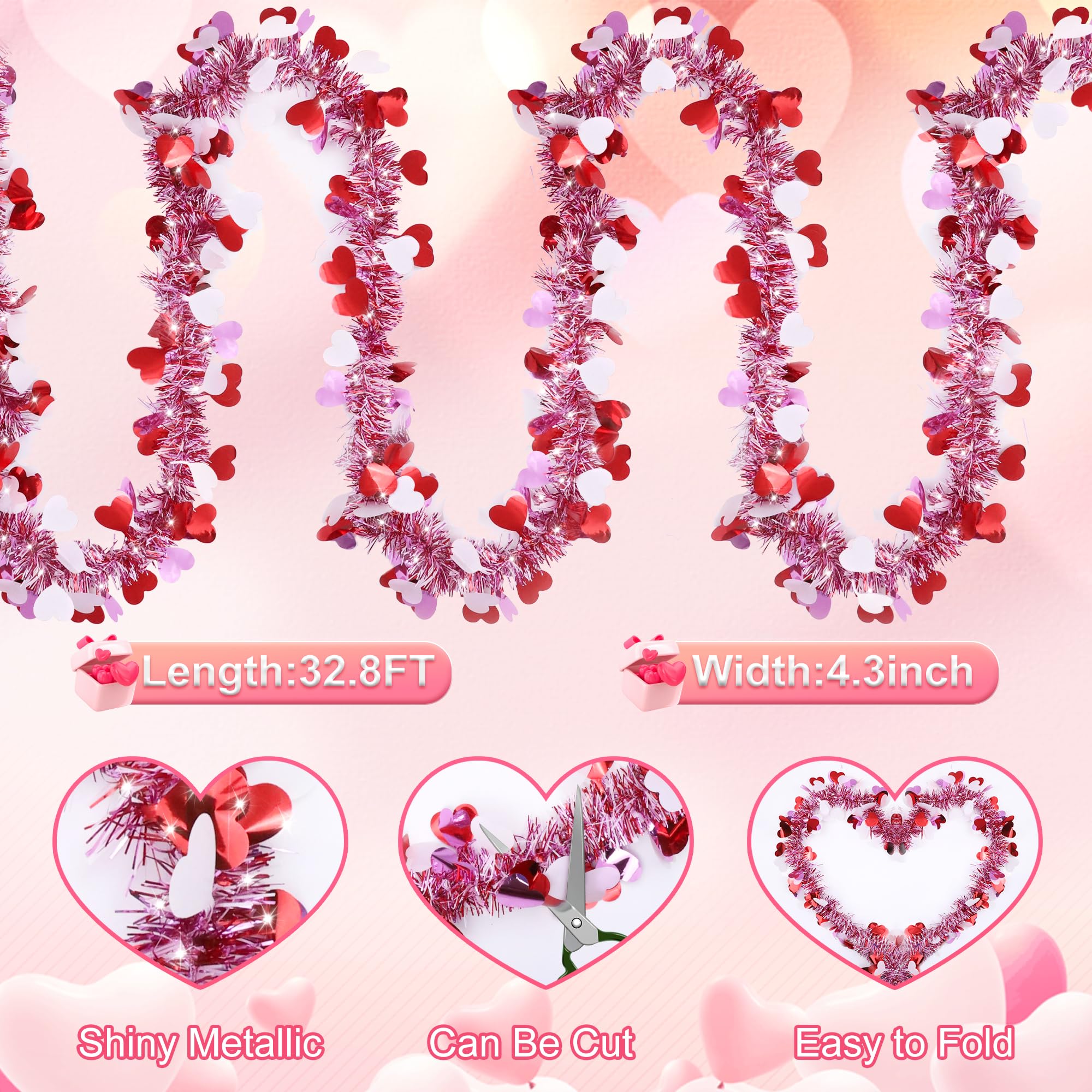 33 Ft Valentines Heart Tinsel Garland Decorations, Valentines Day Red Pink White Metallic Garland Valentine's Day Decorations for Home Indoor Outdoor Wedding Hanging Valentines Day Decor