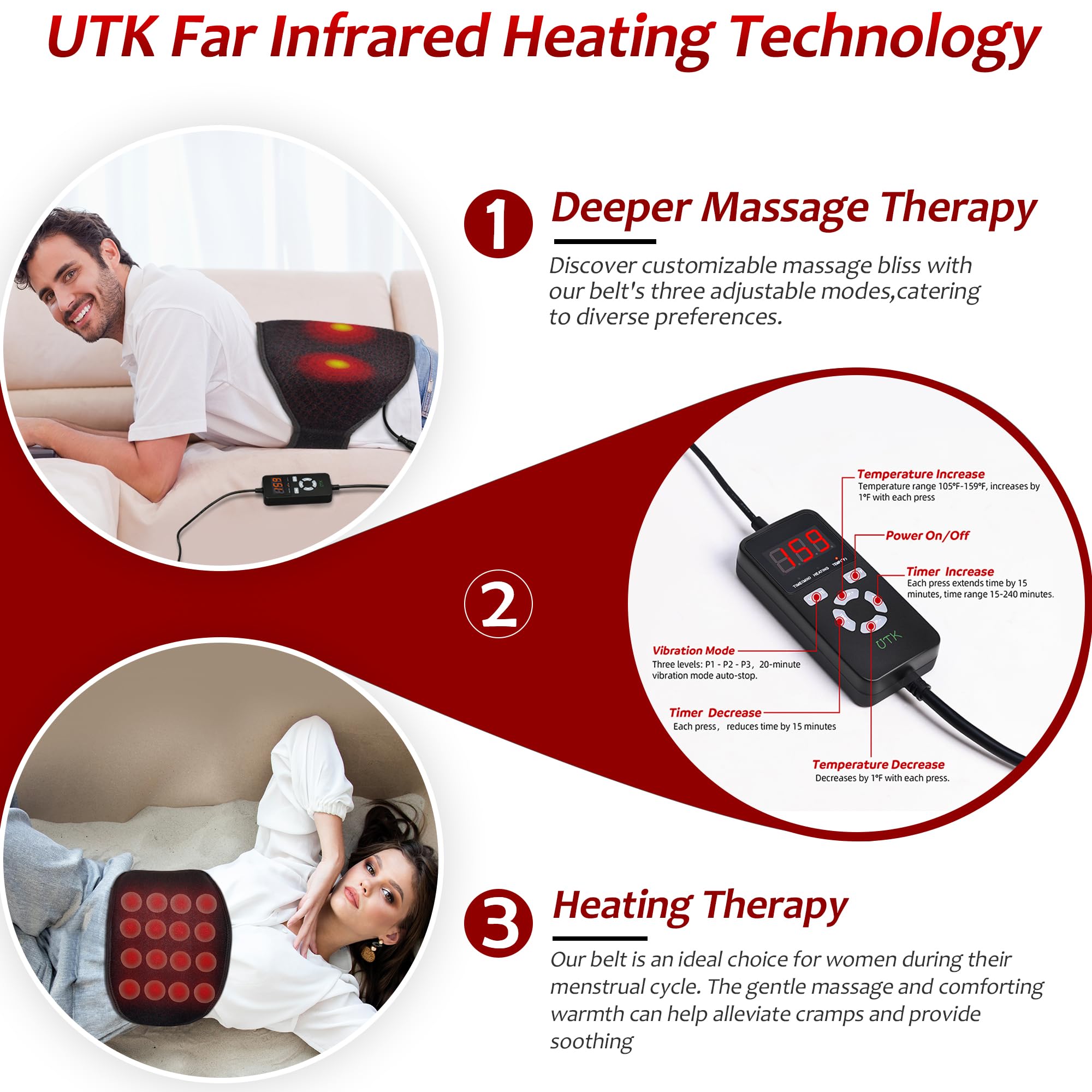 UTK Far Infrared Vibrating Heating Pad with Vibration Massage for Lower Back Pain. 3 Vibration Modes, Smart Controller, Hot Enough (103℉-159℉)，Back Pain Relief,S-XXXXL