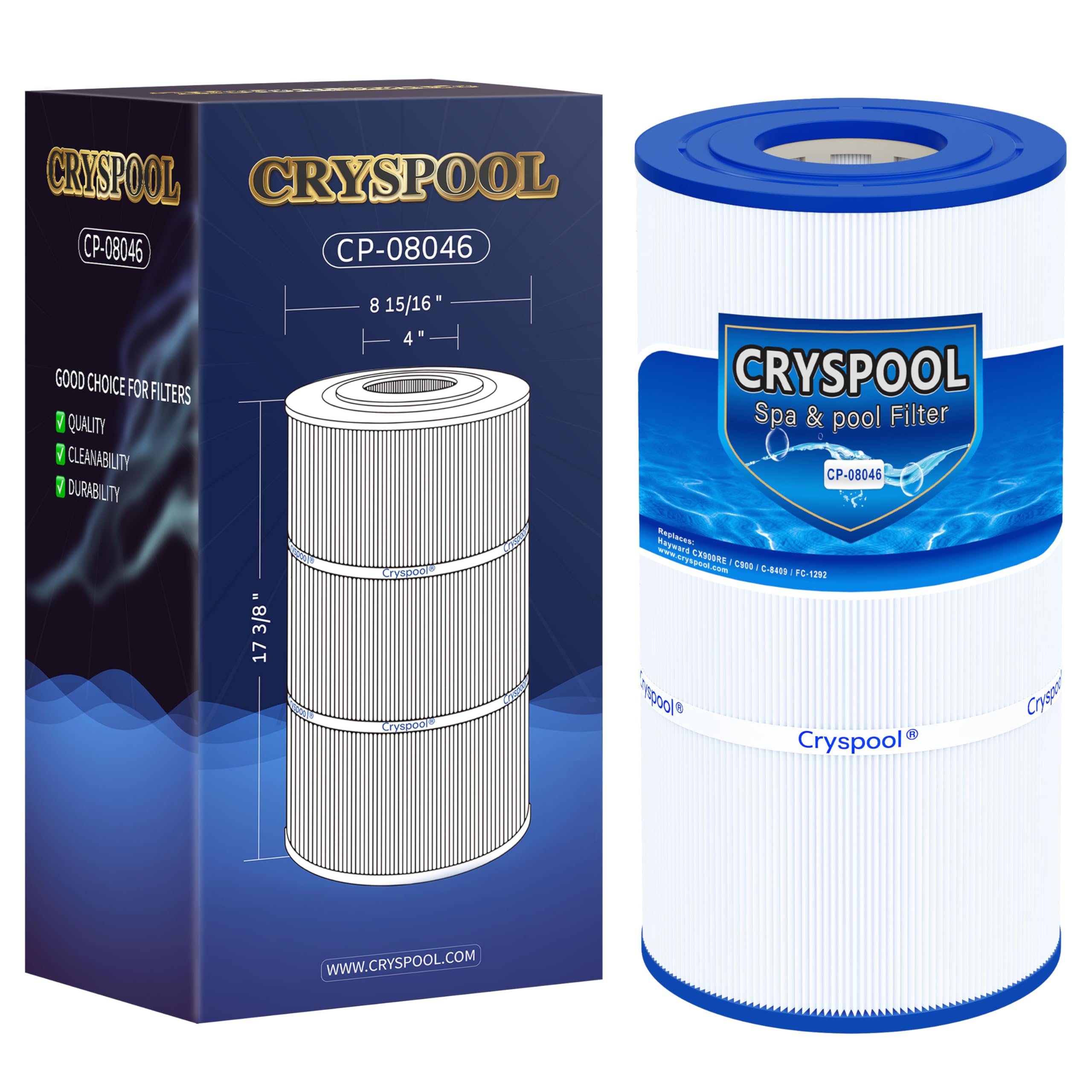 Cryspool® 08046 Filter Compatible with Hayward C900, CX900RE, C-900, PA90, Posi-Clear PXC-95, C-8409, Ultral-B6, PP-B6, FC-1292, 90 Sq. Ft Pool Filter Cartridge, 1 Pack