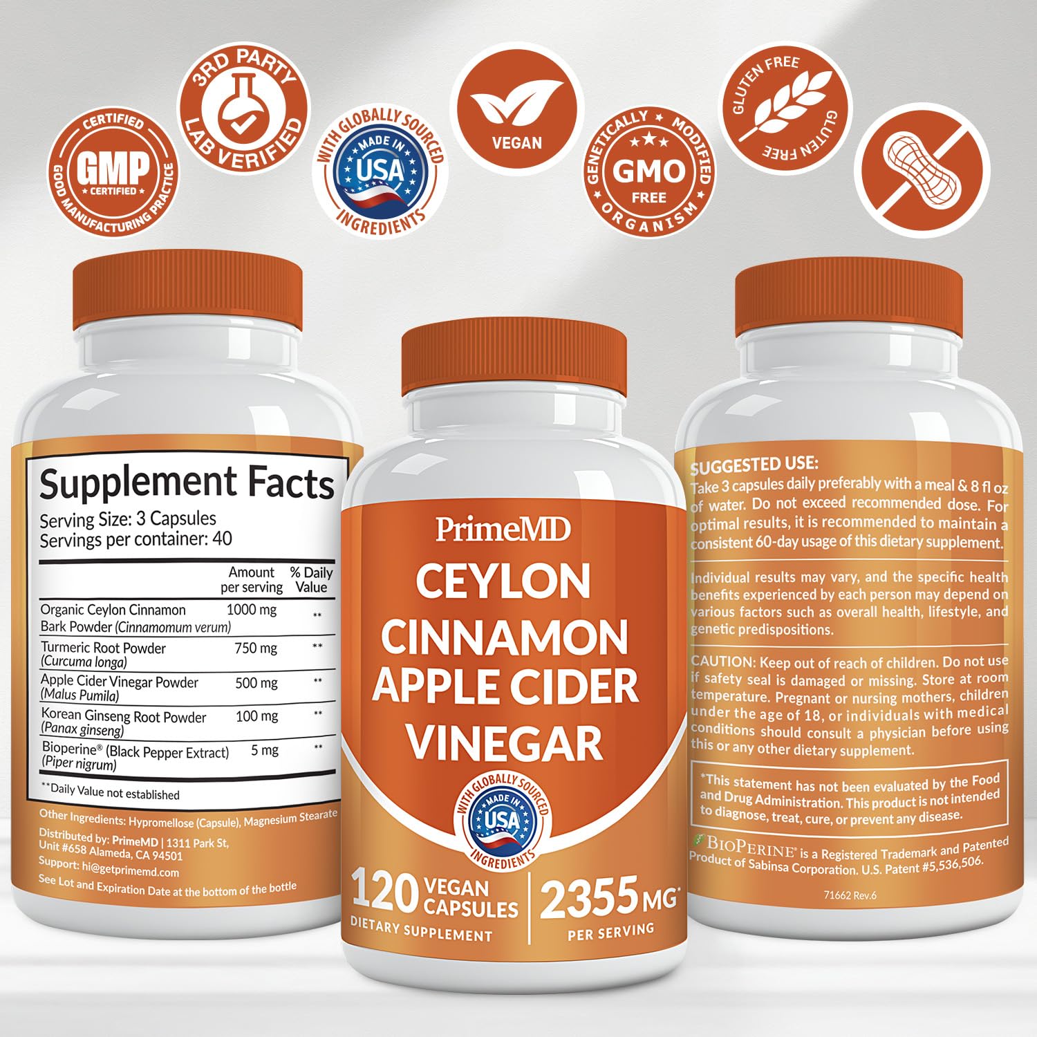 5-in-1 Ceylon Cinnamon Capsules 2355mg - Ceylon Cinnamon and Apple Cider Vinegar Capsules - Turmeric and Panax Ginseng - Cinnamon Supplements with Bioperine (120ct, Pack of 3)