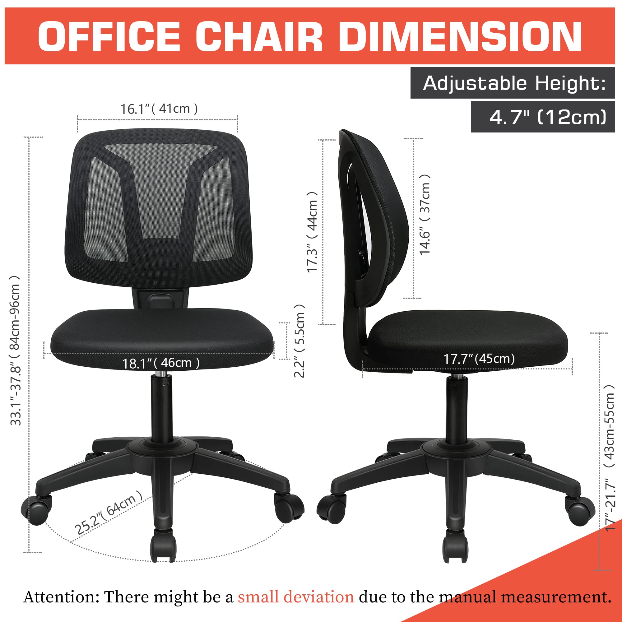 VigorPow Armless Mesh Office Chair Ergonomic Swivel Black Small Computer Desk Chair No Arms with Lumbar Support Height Adjustable Task Chair for Adults and Kids