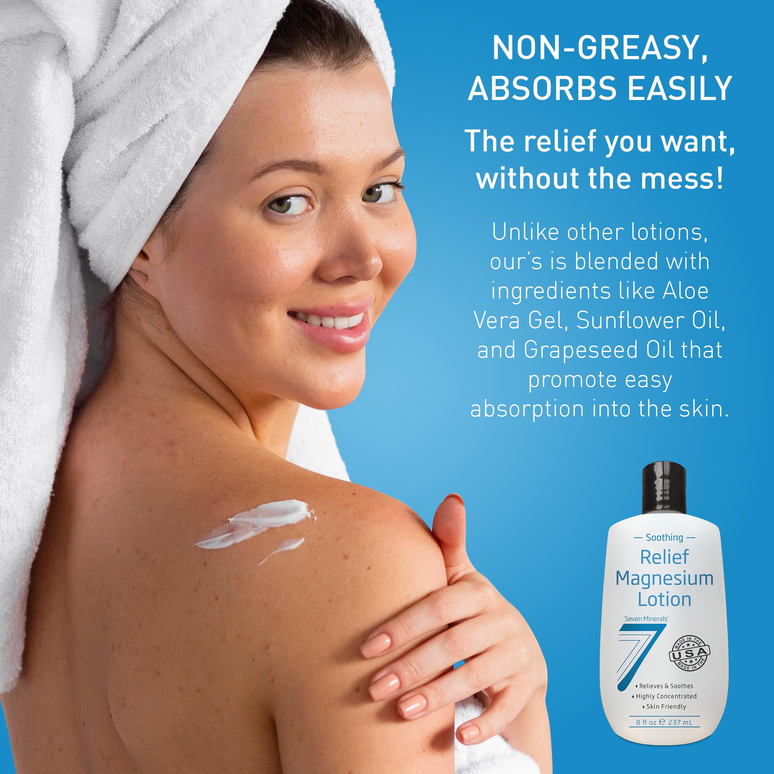Seven Minerals Magnesium Lotion for Soothing Relief & Relaxation - Highly Concentrated Magnesium for Better Sleep, Feet & Joint Care. Non-Greasy Lotion with Skin Friendly Ingredients - 8 fl oz