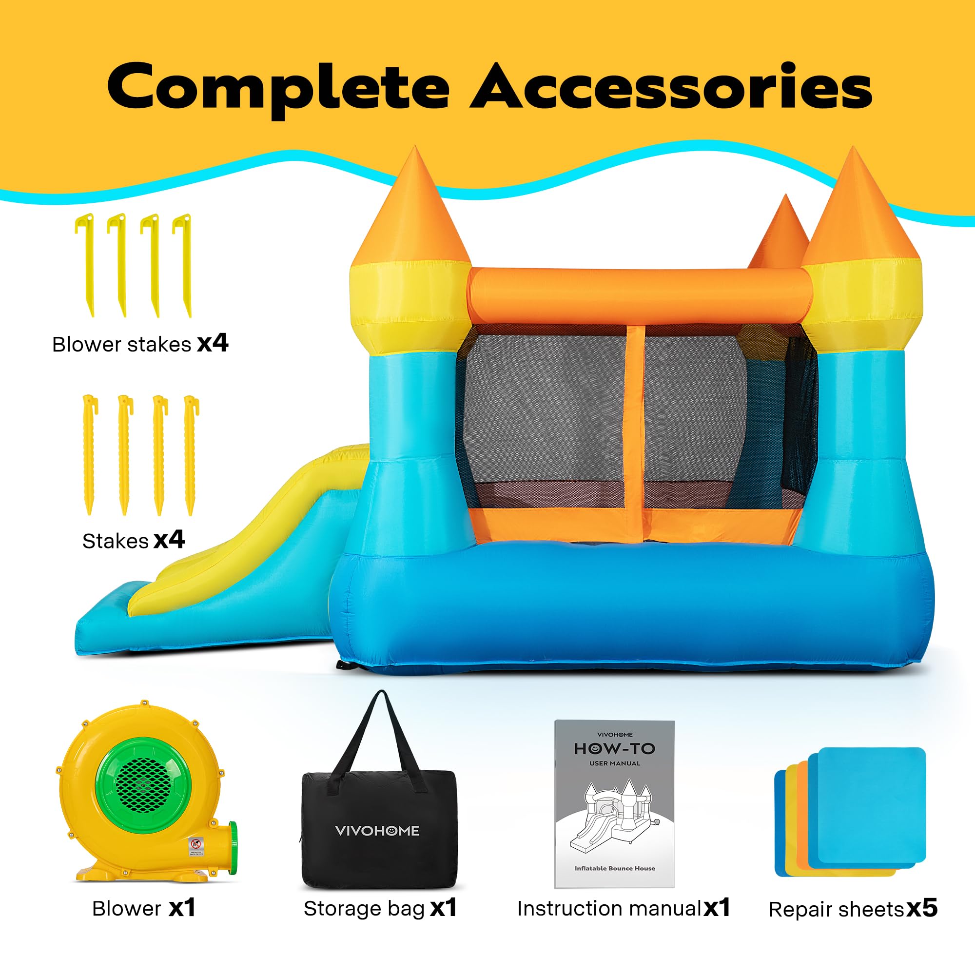 VIVOHOME Inflatable Bounce House for Kids, Big Inflated Jumping Bouncy Castle with Slide for Outdoor and Indoor, 370W Air Blower Included
