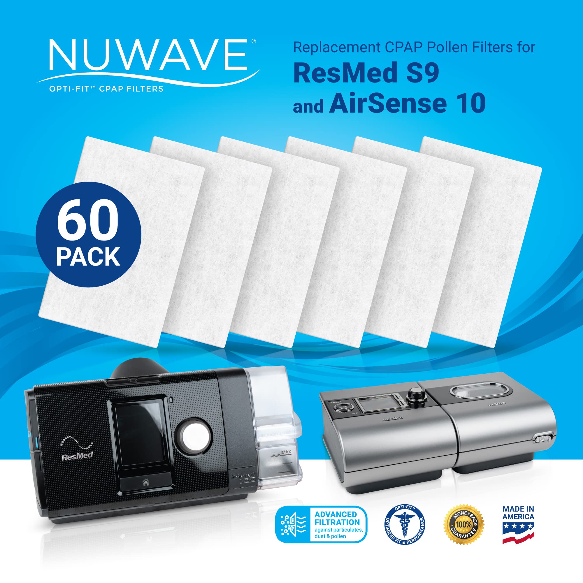 NUWAVE Replacement Filter for ResMed Part Number S9/S10 Standard Pollen Filter 36850, High-Efficiency CPAP Filters ResMed, Opti-fit ResMed Filters, Pollen Filters CPAP ResMed S9-60 Per Pack