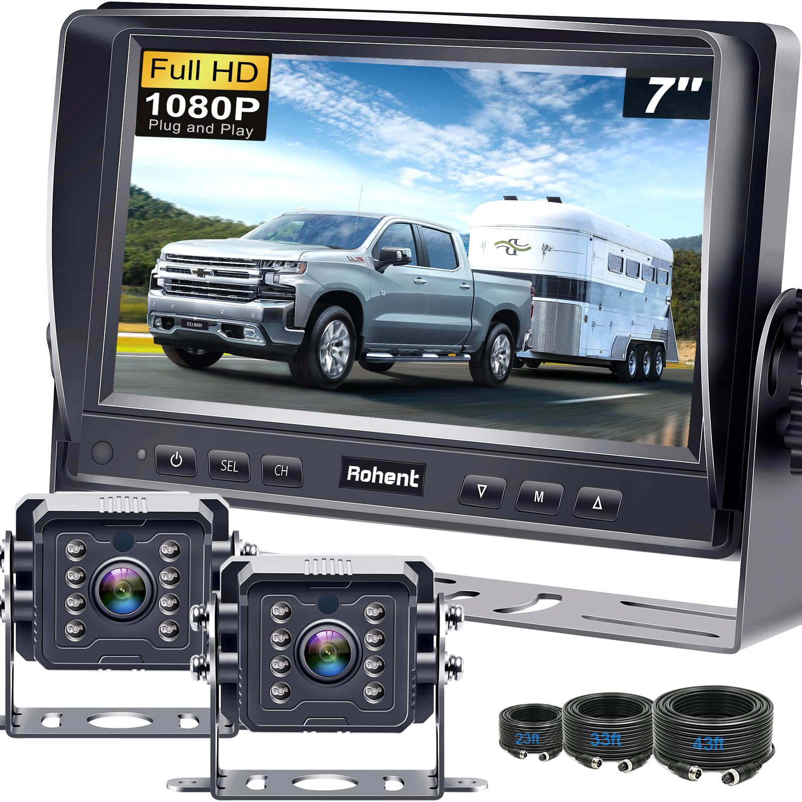 Dual RV Backup Camera System Upgraded: No Lag Easy Installation Plug and Play 7" Monitor HD 1080P Rear View Camera Wired Kit IP69 Waterproof IR Crystal Night Vision for Truck Trailer Camper Tractor R4