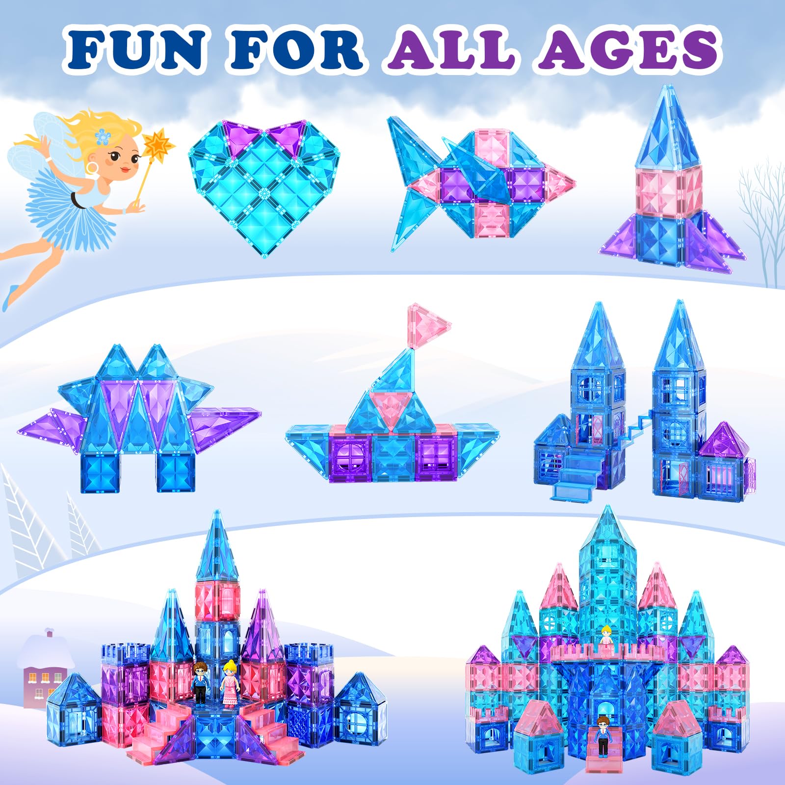 Frozen Toys for Girls Diamond Magnetic Tiles with Stair Dolls Toys for 3+ Year Old Girls Boys Sensory STEM Learning Toys Gifts for 3 4 5 6 7 8+ Year Old