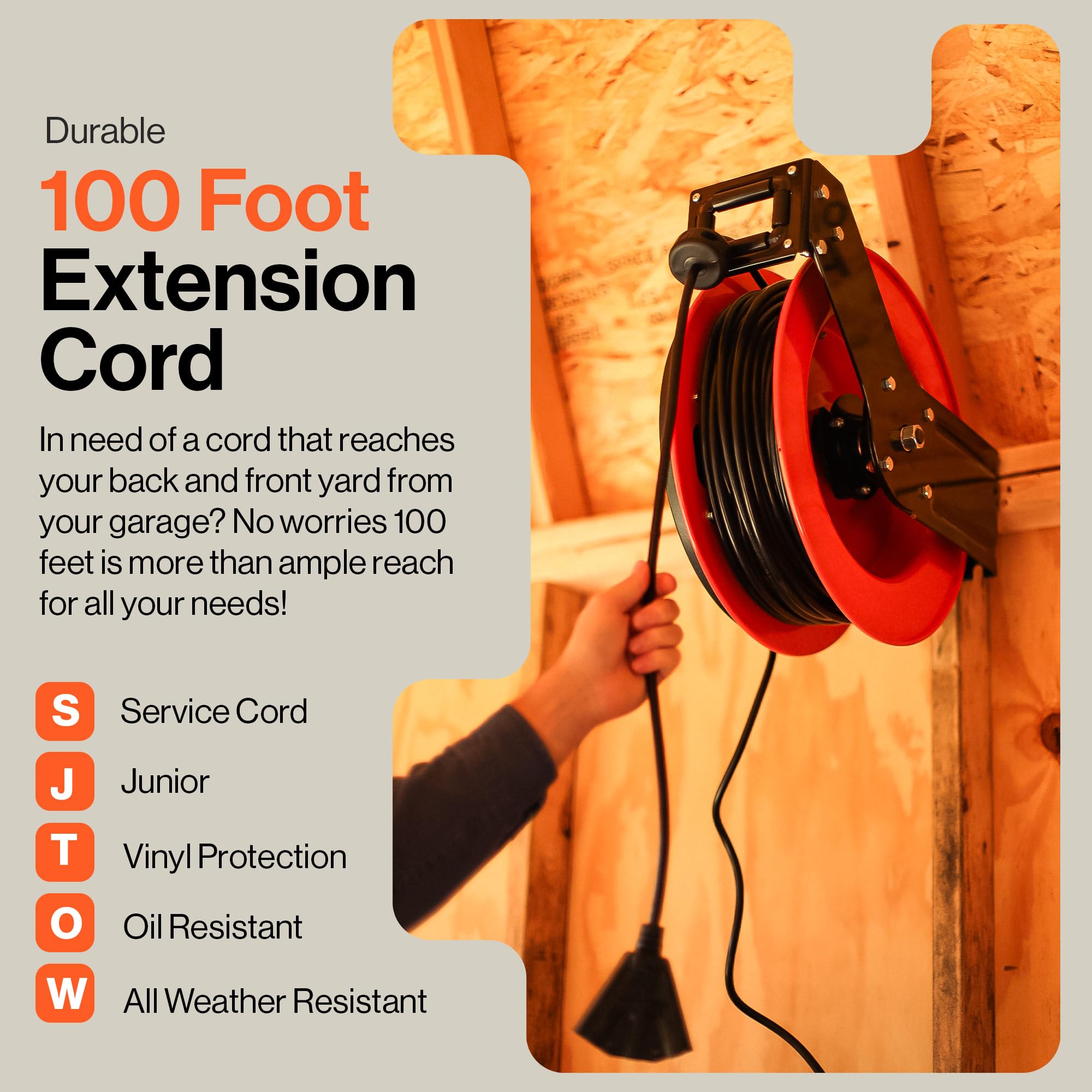 SuperHandy Extension Cord Reel Retractable 14AWG x 100' Feet 3C SJTOW Cable Triple Tap Connector Power Rating 125 Volt AC 13 Amp 1625 Watt Industrial Steel Single Arm