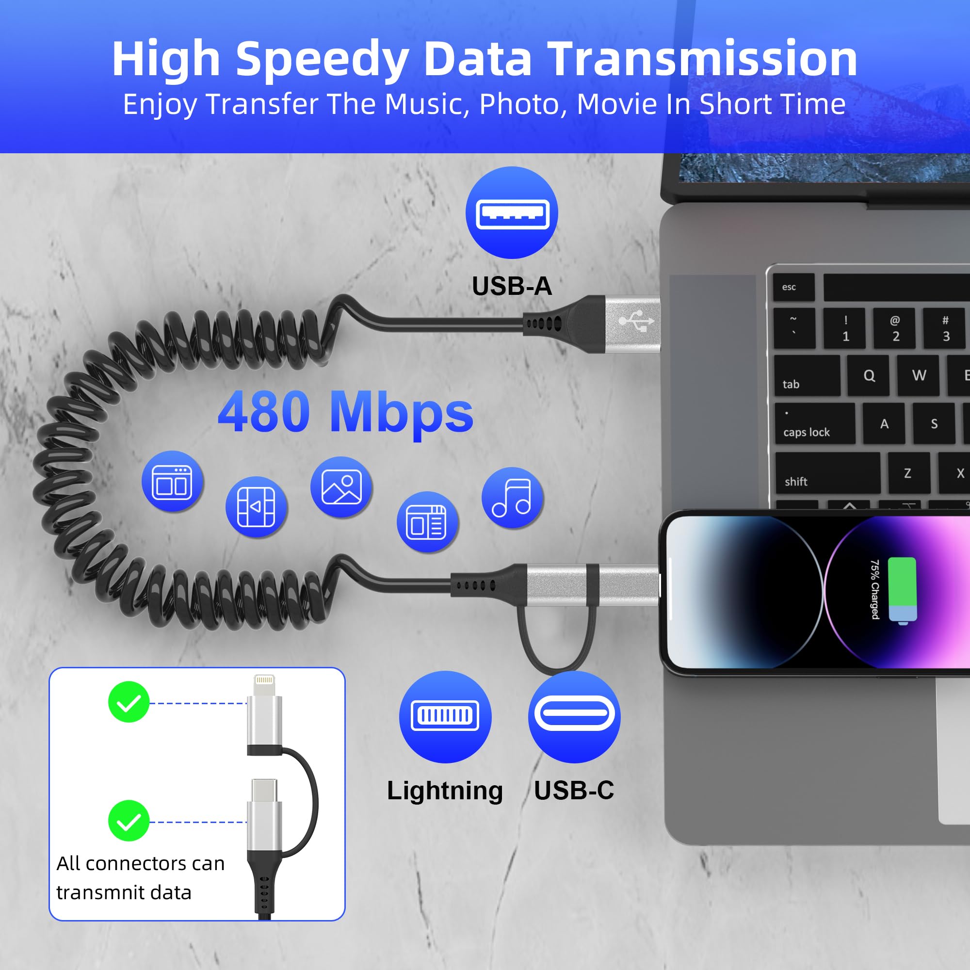 USB to USB-C and Lightning Cable 2 in 1 Coiled Cable Aple Carplay & Android Auto Compatible [MFi & 3A Fast Charge & Data Sync] Coiled Lightning and USB C Cable for iPhone 16/15/14/13/Android, Silver