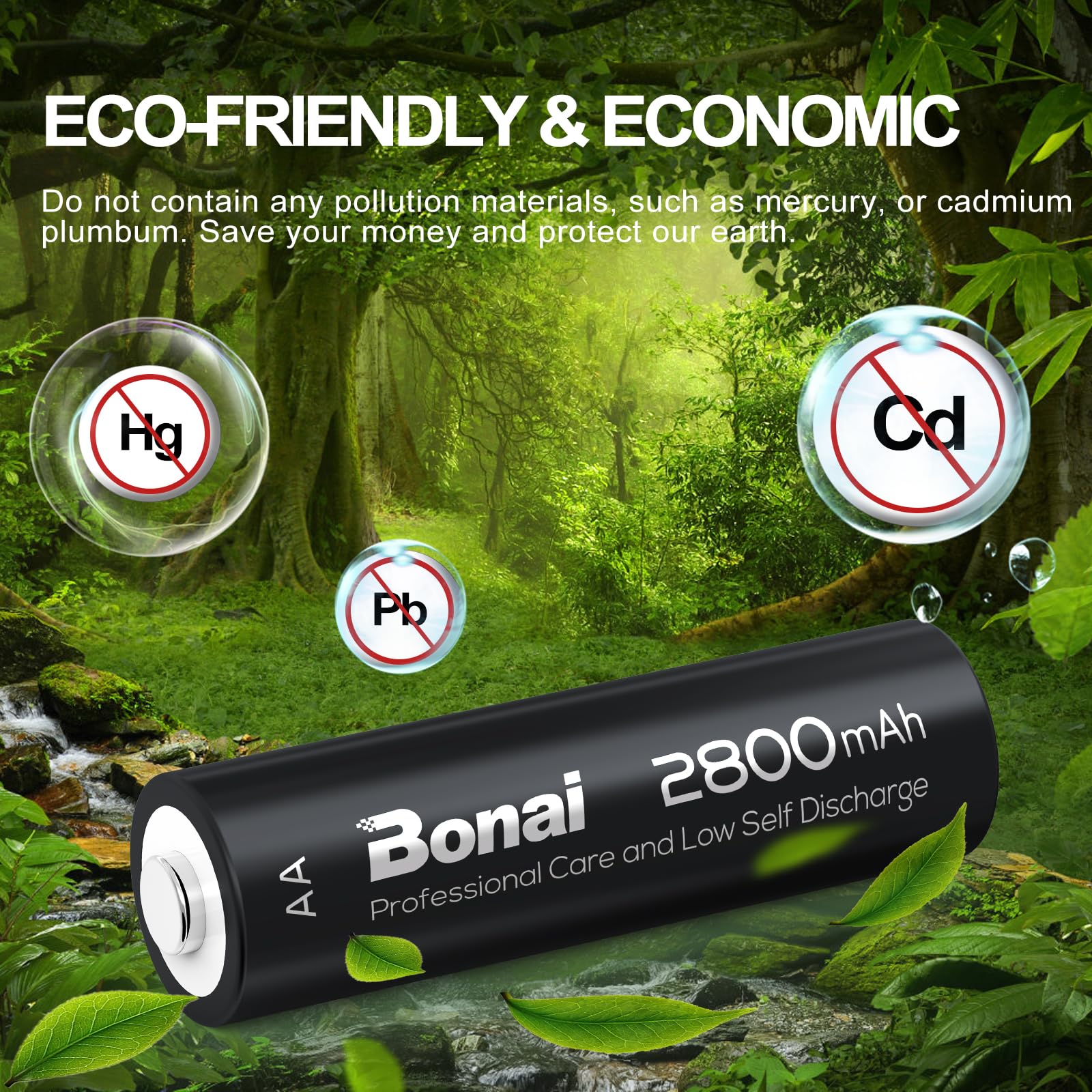 BONAI AA Rechargeable Batteries High-Capacity 2800mAh 1.2V NiMH Battery Low Self Discharge Pre-Charge Double AA Battery 24 Count