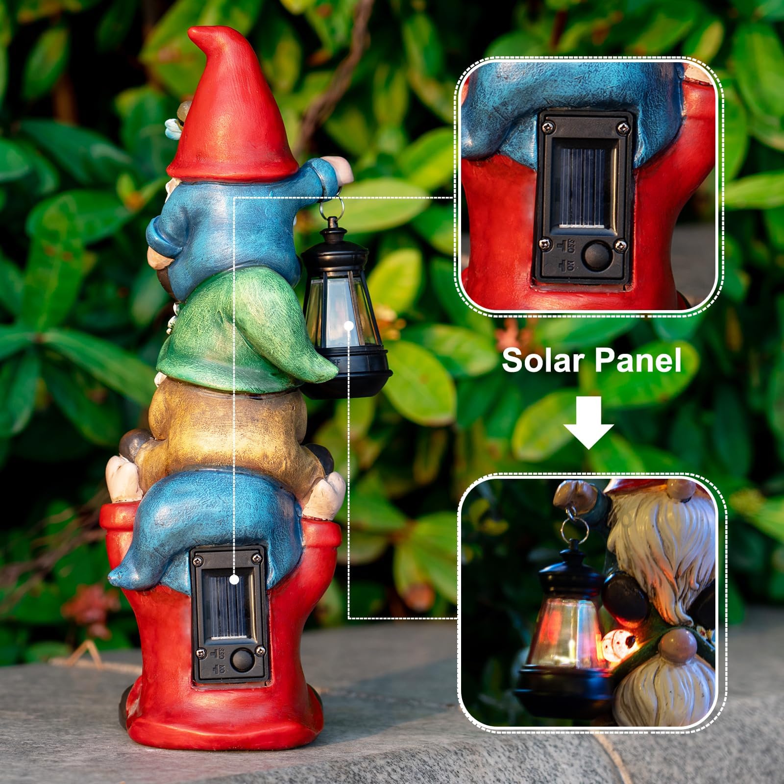 twinbling Garden Gnome Statue with Solar Lights Large Garden Sculptures Funny Triple Gnome Outdoor Patio Lawn Yard Decor,Gifts for Women,12 in