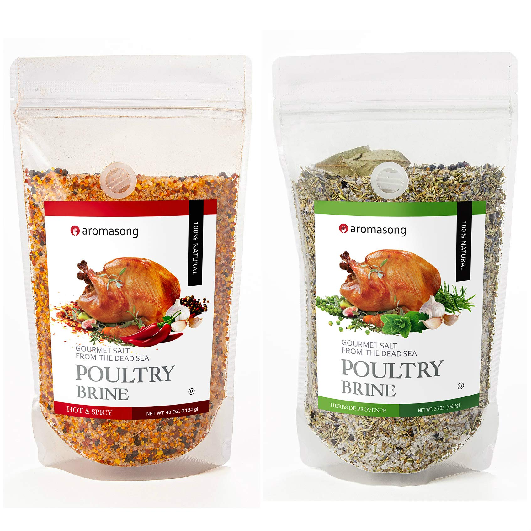 Aromasong Turkey Brine, HERBS DE PROVENCE with HOT & SPICY Combo Set, Bulk 2 Lb. Bags (Total of 4 LBS) For Wet & Dry Brining, 100% Natural, Sea Salt Poultry Seasoning, Roasting, Grilling, & Smoking.