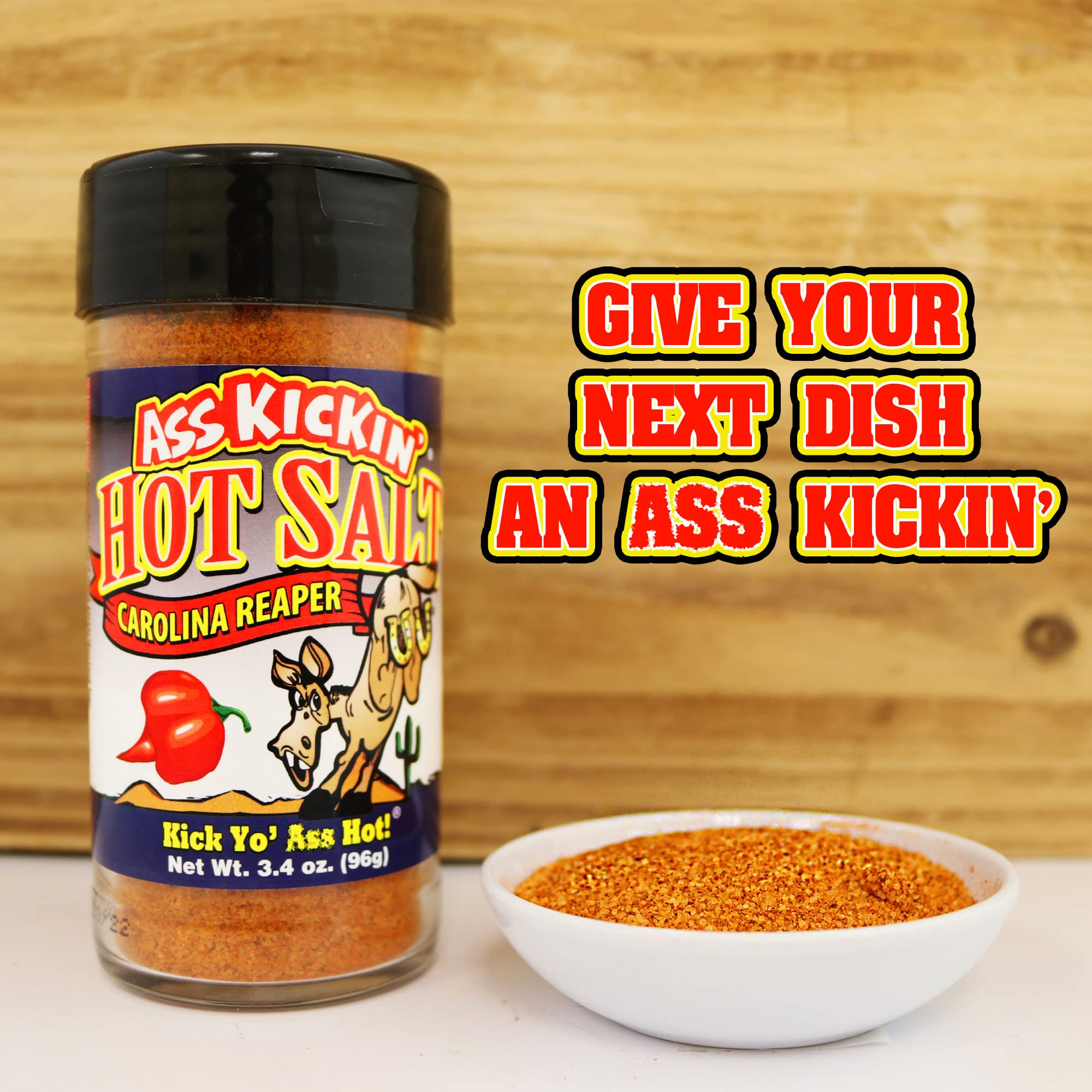 ASS KICKIN' Hot Spicy Carolina Reaper Pepper Salt – 3.4oz. Shaker Jar - Perfect Flavored Salt for Popcorn Seasoning, Margarita Salt and French Fry Seasoning - Premium Gourmet Gift