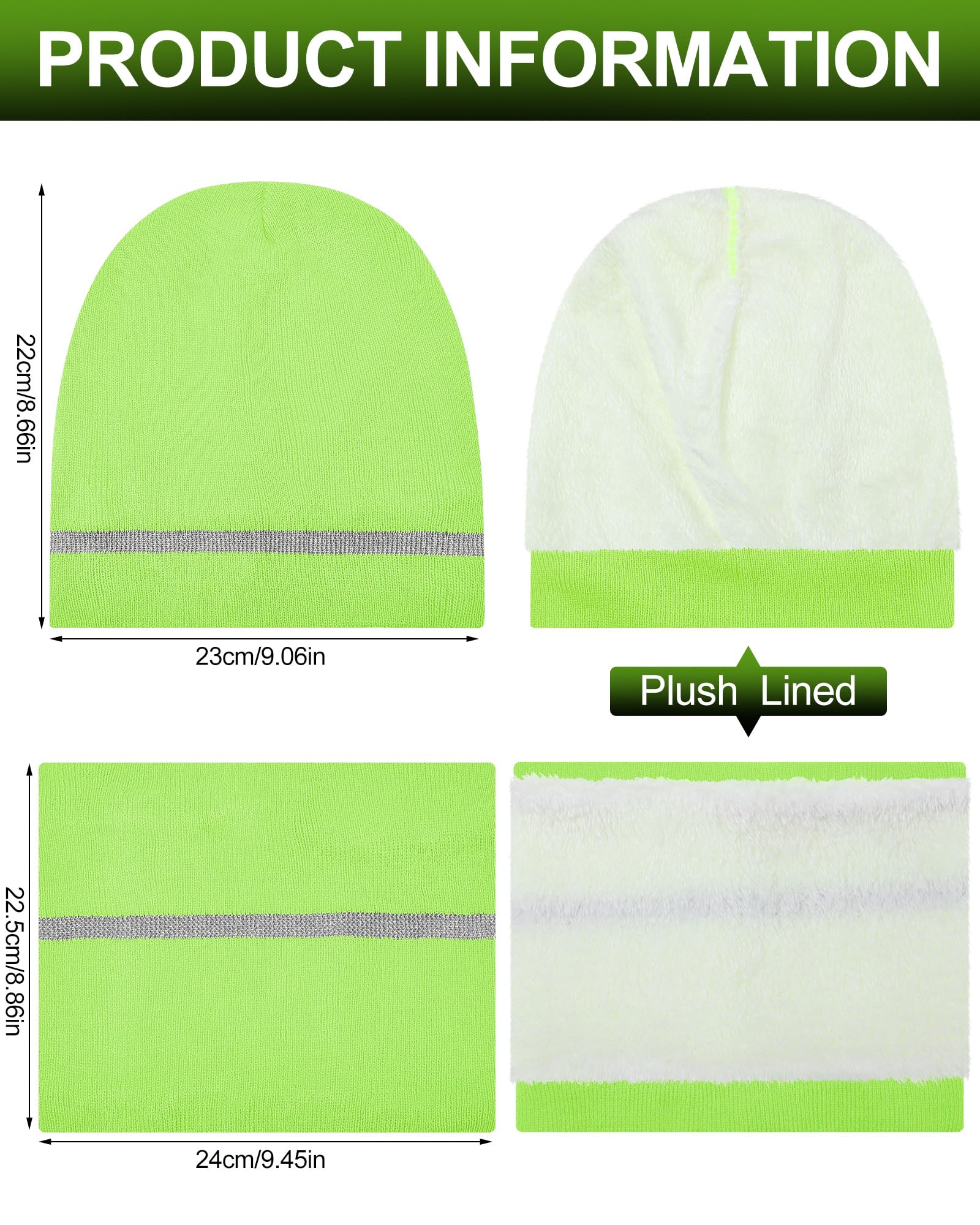 Shihanee 3 Pcs Men Hi Vis Thermal Beanie Hat Glove Neck Winter Warm Fleece Lined Reflective Stripes High Visibility Knit Cap(Fluorescent Yellow)