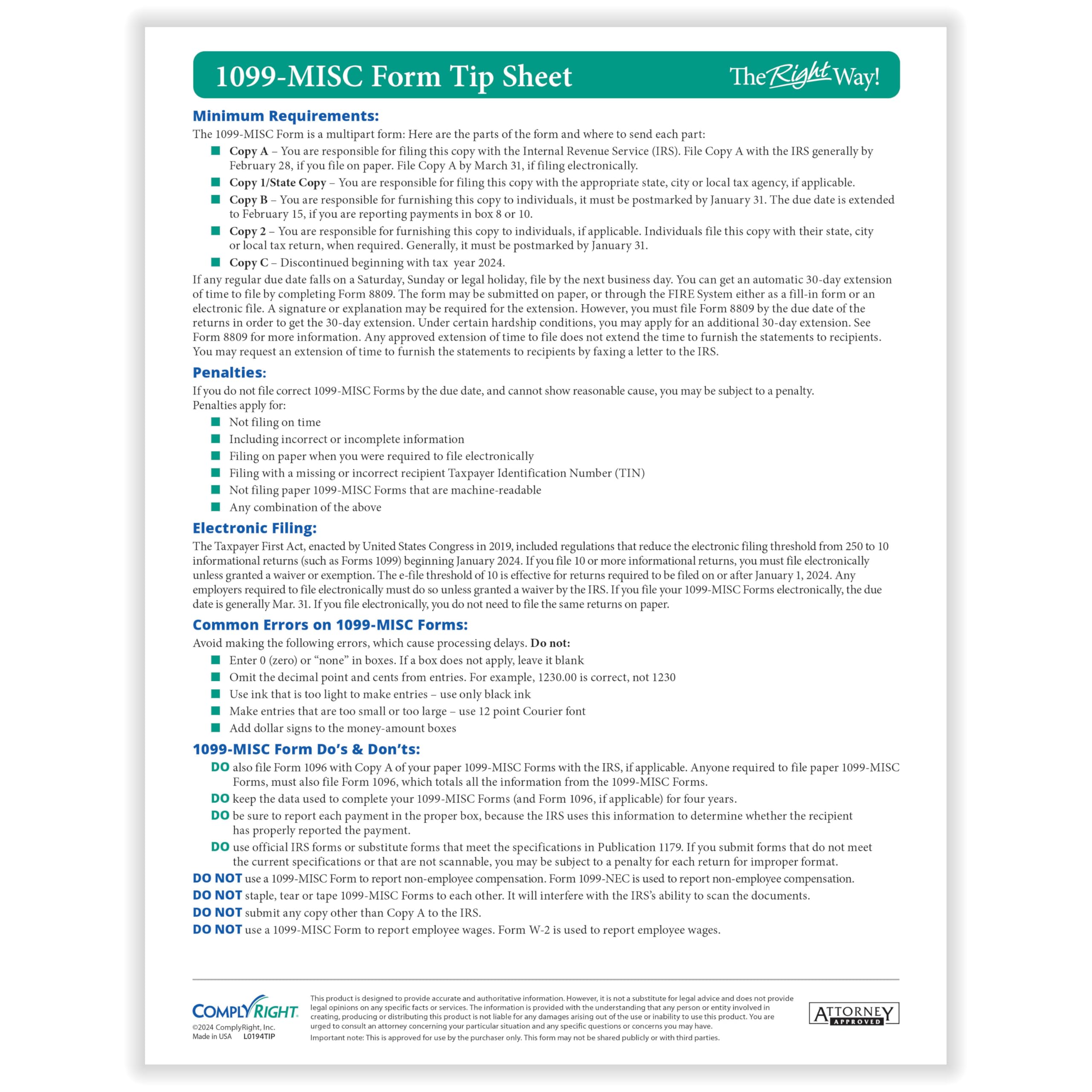 ComplyRight 2024 TaxRight 1099-MISC Tax Kit (4-Part) | 50 Recipients |Self-Seal Envelopes Included (No Software)