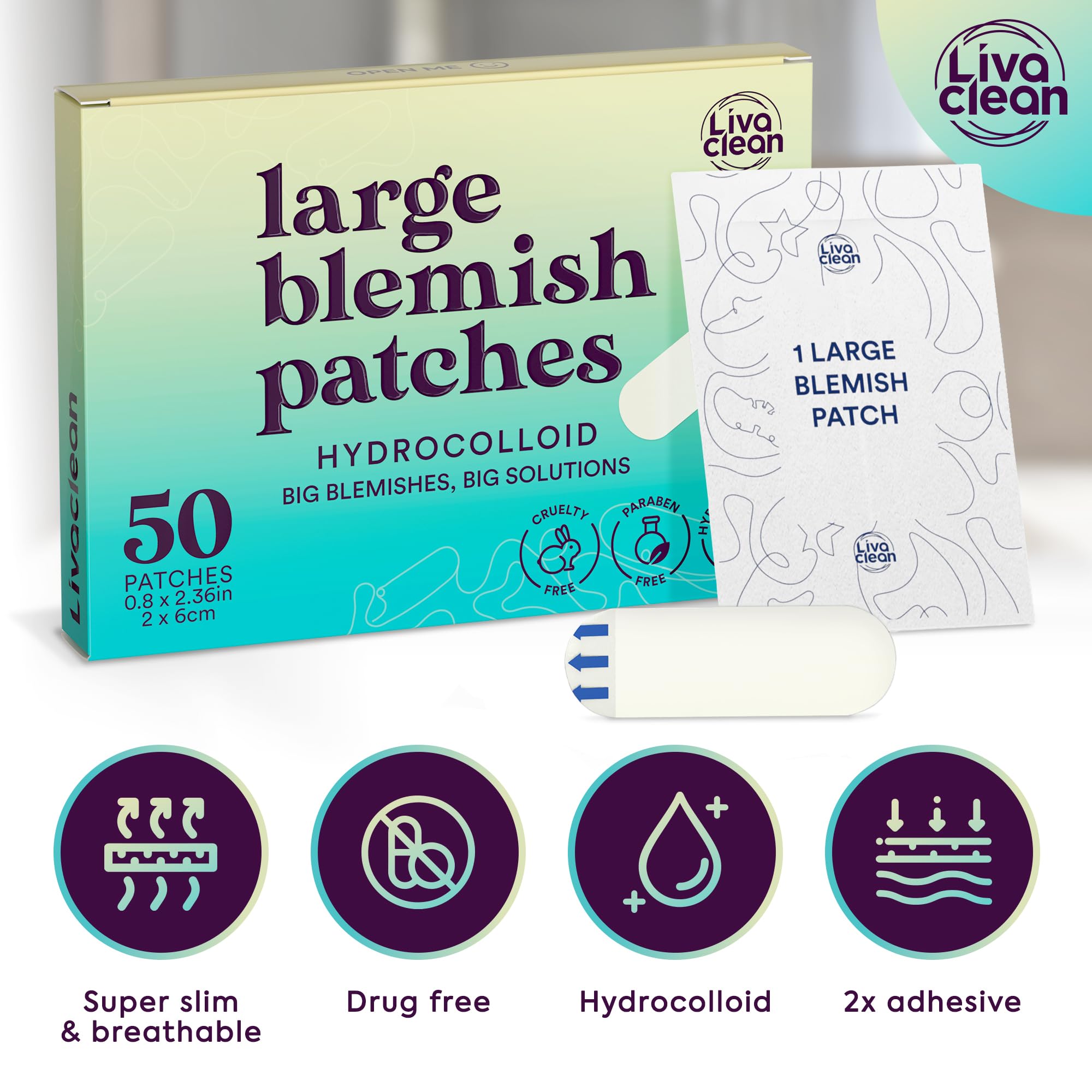 LivaClean 50CT Large Hydrocolloid Acne Patches - for Pore Spots Nose Face Cystic Pimple Zit Patch - Big Pimple Patches Hydrocolloid Bandages Strips Stickers Pimple Patch XL Large Acne Patch Large