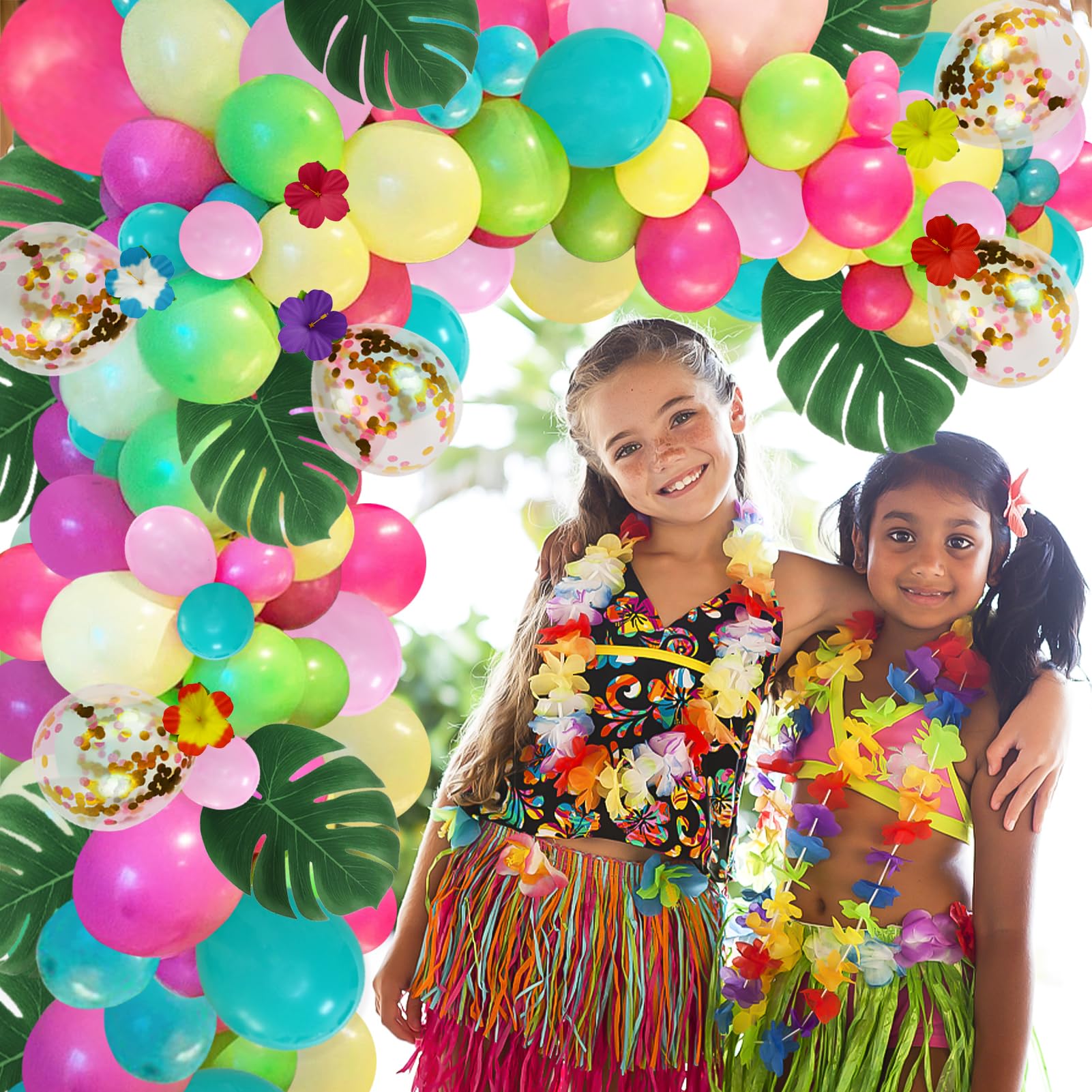 Tropical Luau Balloon Arch Kit with Green Pink Blue Balloons and Palm Leaves Hibiscus Flowers for Hawaiian Luau Tiki Tropical Birthday Party Decorations Supplies, 12/10/5 Inch