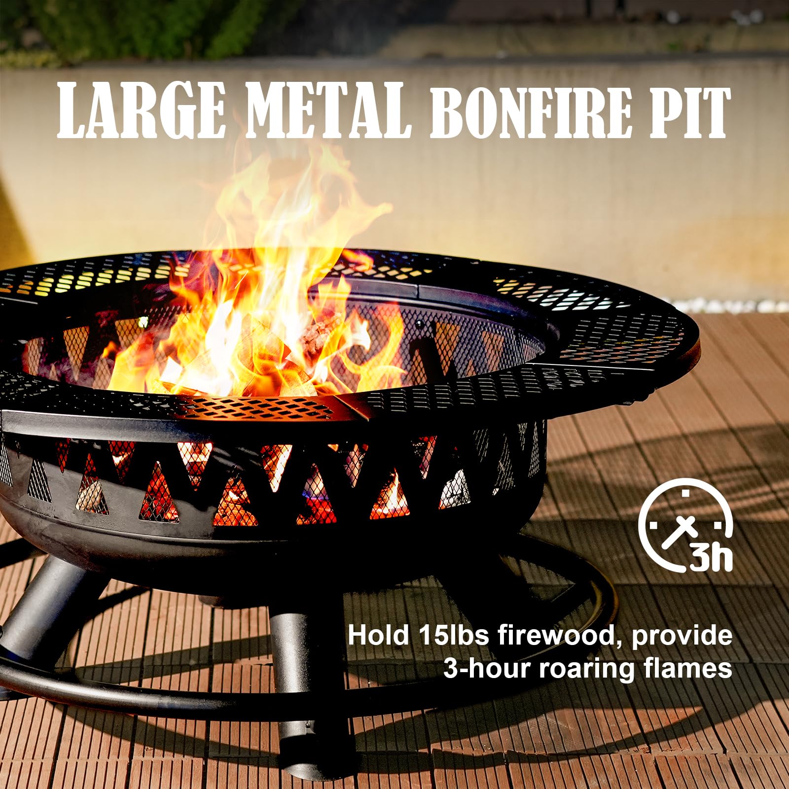 36 Inch Fire Pit with 2 Grills, Large Outdoor Firepits for Outside, Wood Burning Fireplace for Camping,Picnic,Bonfire, 3-in-1 Round Metal Table with Lid for Backyard,Patio,Party